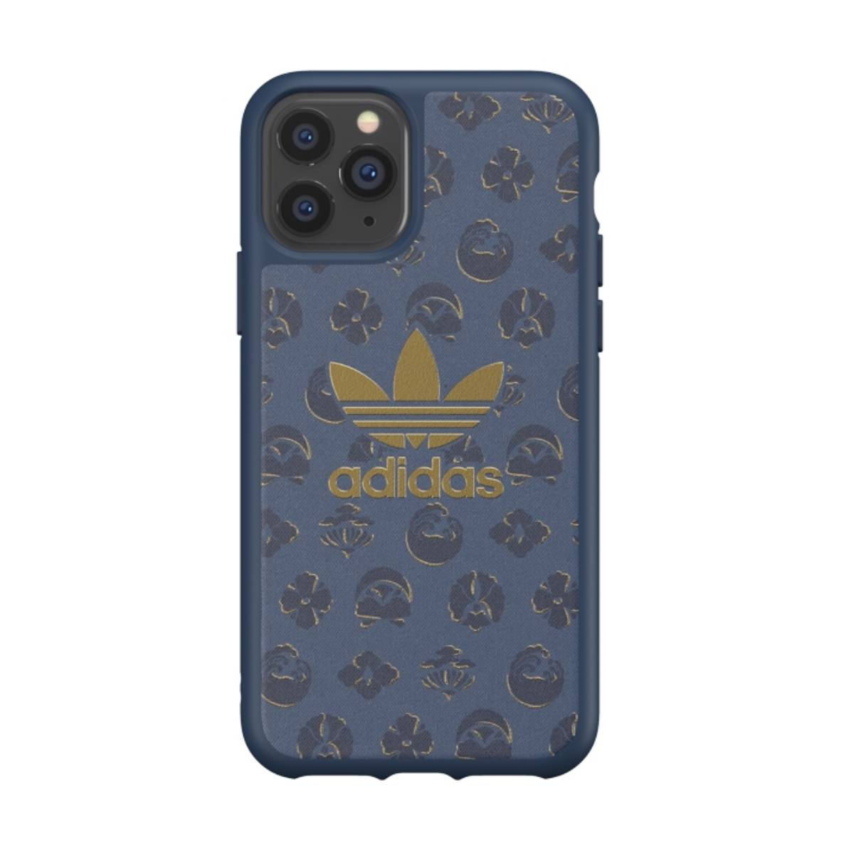 Custodia blu per telefono con logo Adidas dorato e motivo floreale. Sfondo bianco.