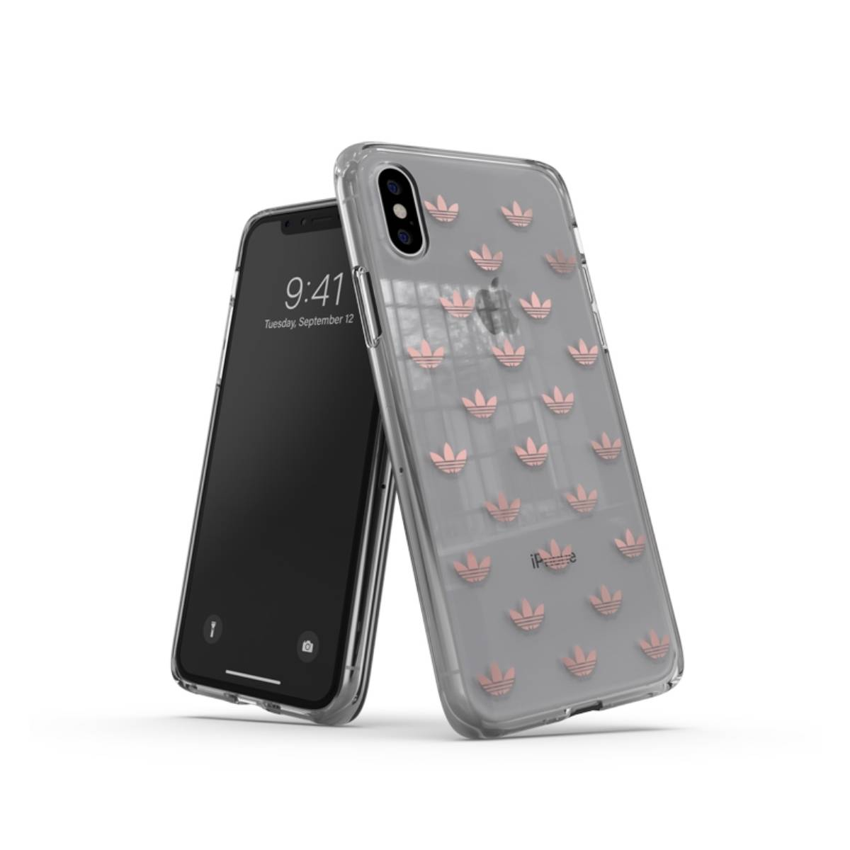Custodia trasparente con logo Adidas rosa. Telefono e schermo nero. Sfondo bianco.
