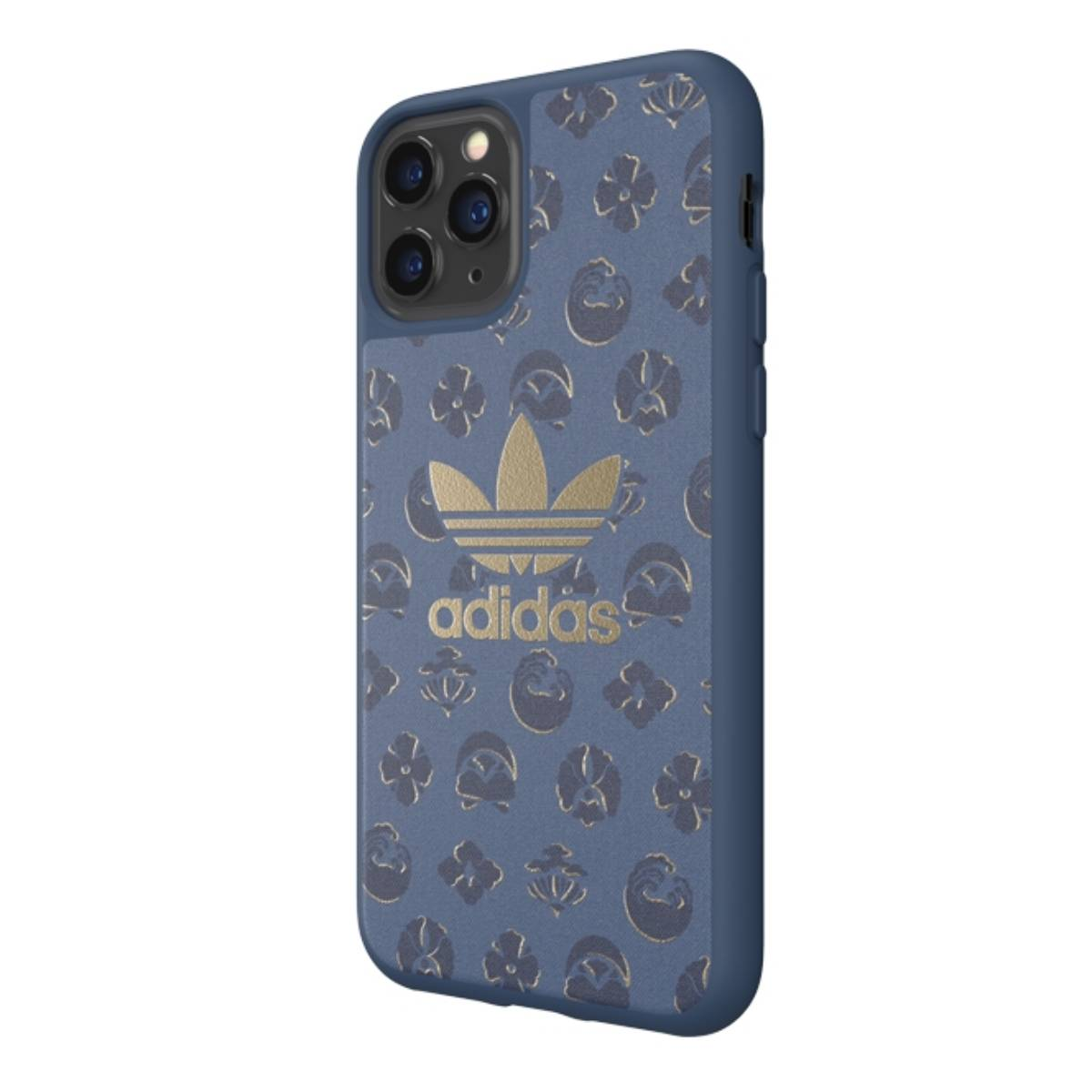 Custodia blu con logo Adidas. Logo dorato. Sfondo bianco.