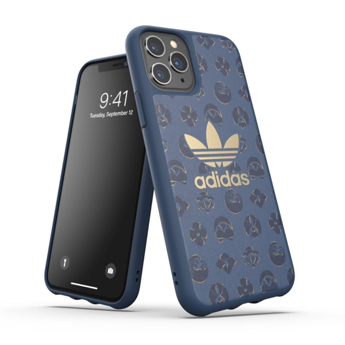 Due telefoni, uno con custodia Adidas floreale blu, l'altro con schermo nero.