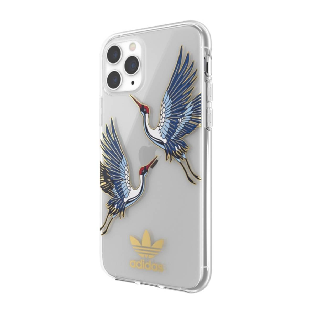 Custodia trasparente con due disegni di gru blu e oro e logo Adidas.