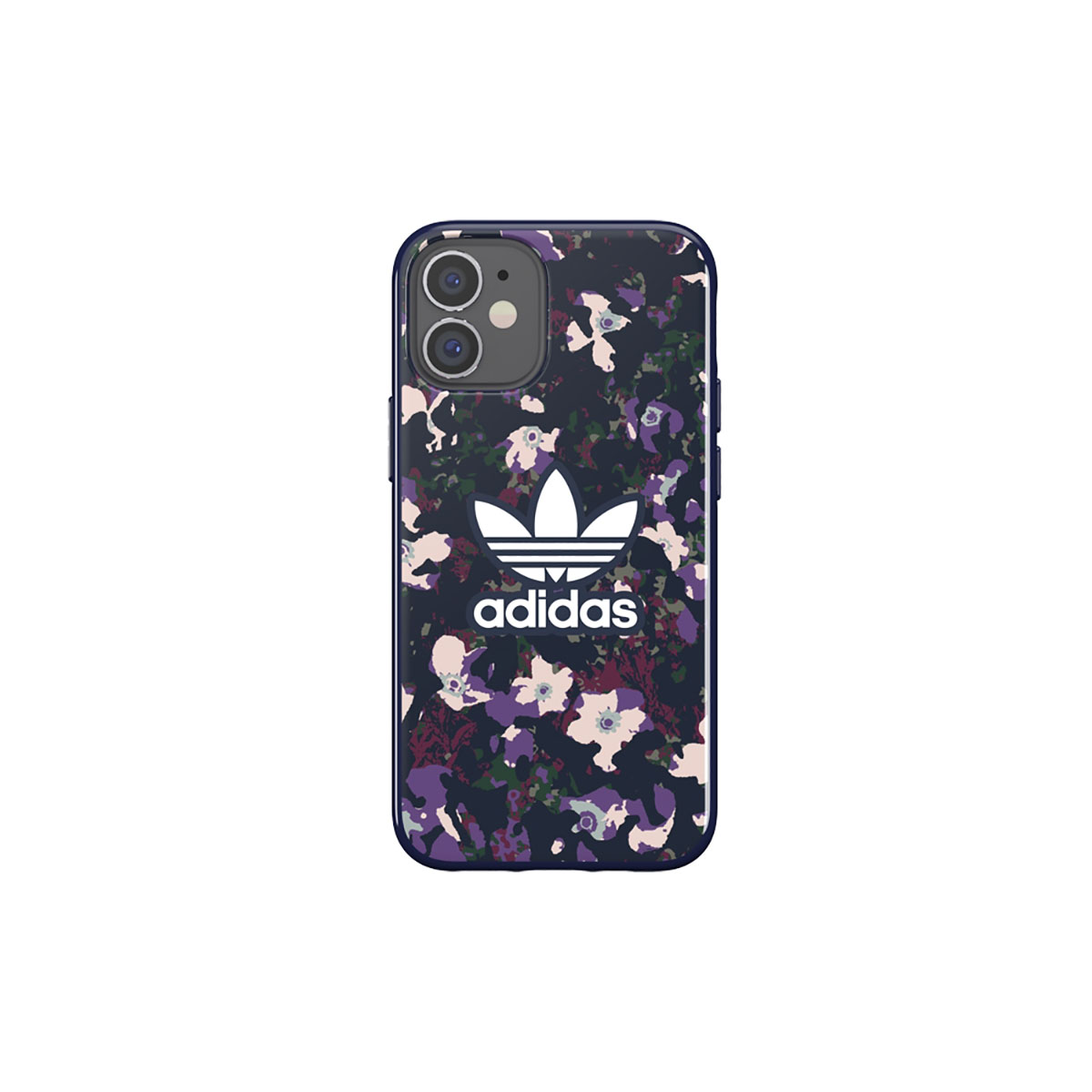 Custodia per telefono con design floreale viola e logo Adidas, su sfondo bianco.