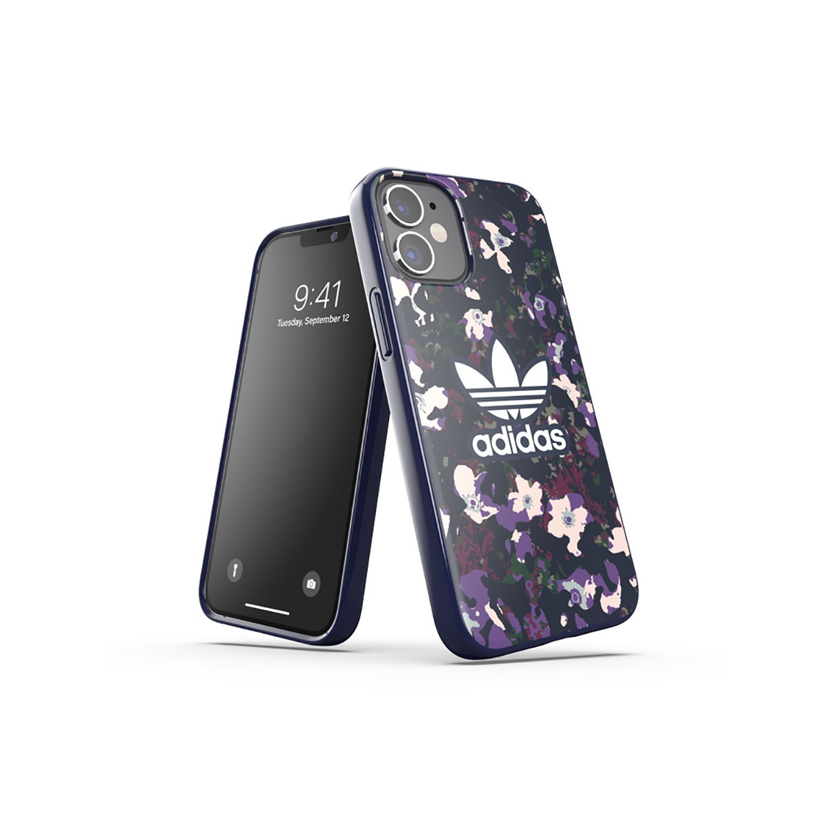 Custodia per telefono con design floreale e logo Adidas. Il telefono è a sinistra, con una custodia blu scuro.