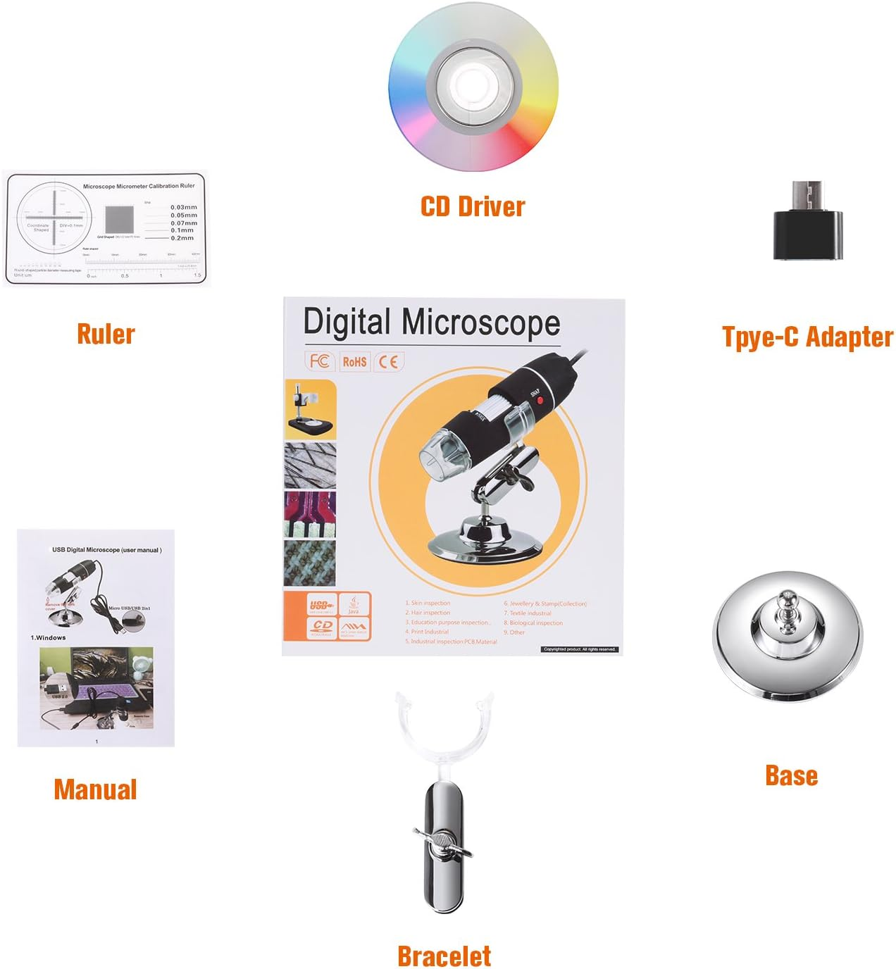 Digitalmikroskop mit Zubehör: CD, Lineal, Adapter, Basis, Armband und Handbuch auf Weiß.