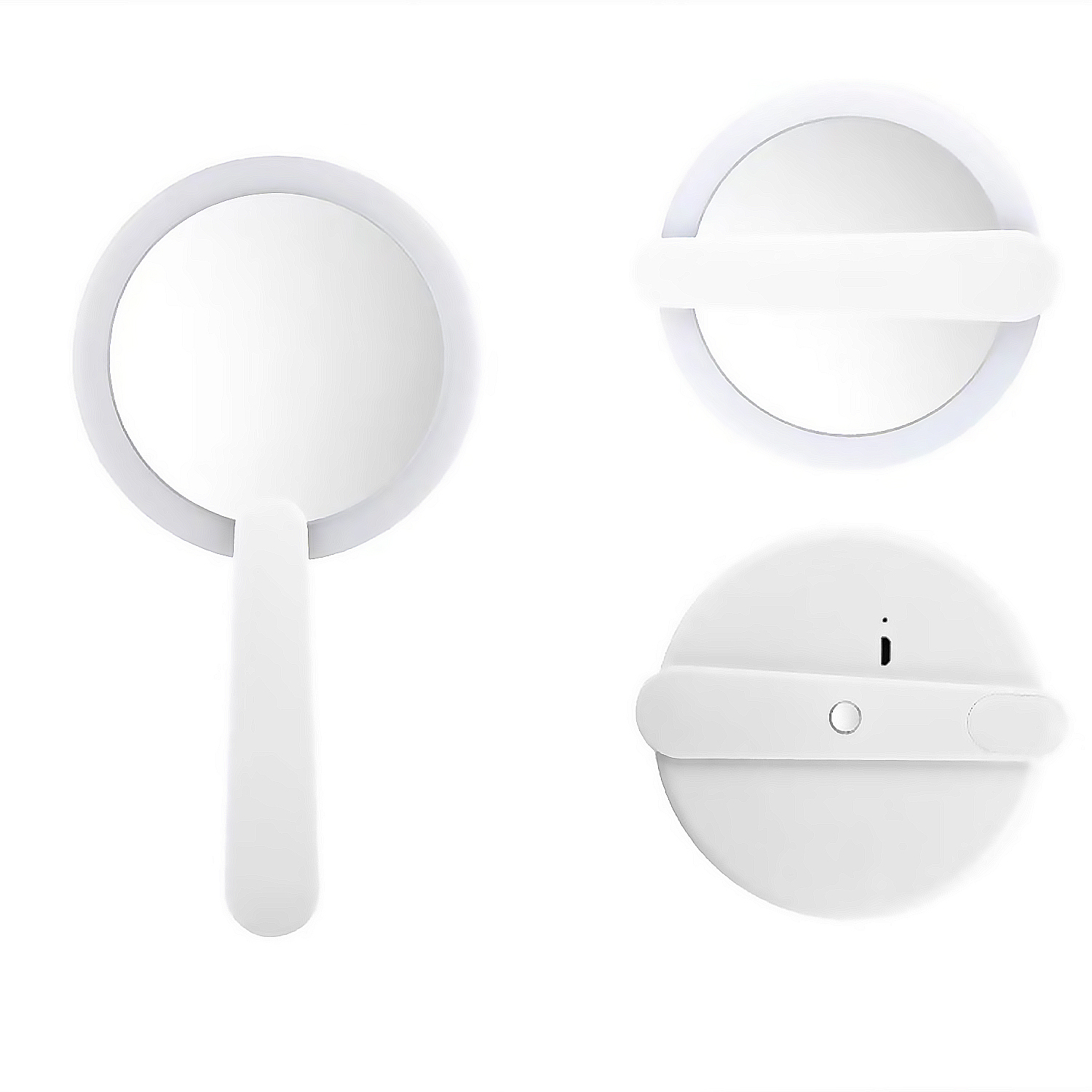 Tres espejos blancos: uno con asa, dos con luces LED. Los espejos están sobre un fondo blanco.