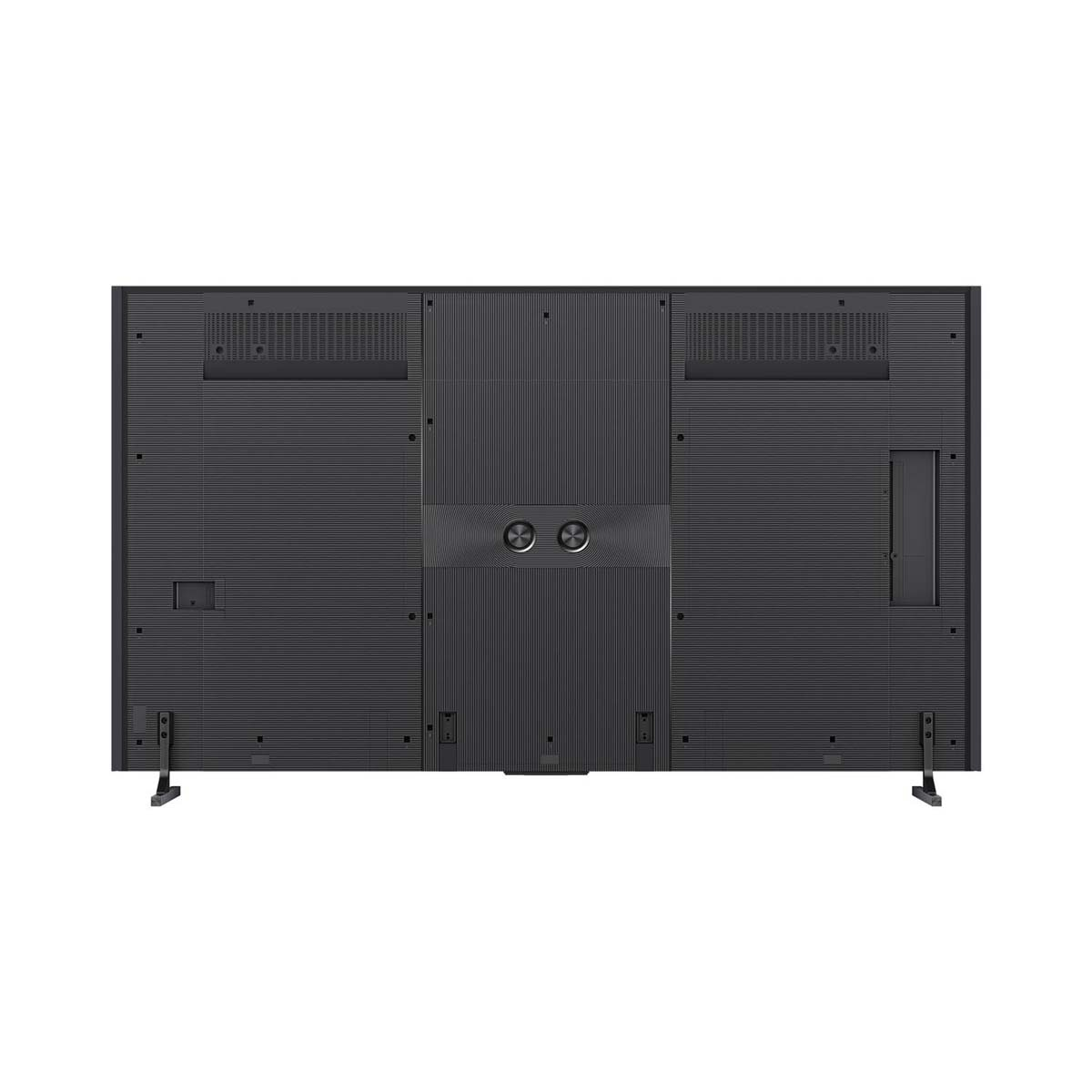 Die Rückseite eines schwarzen Fernsehers, mit Lüftungsschlitzen und Anschlüssen. Der Hintergrund ist weiß.