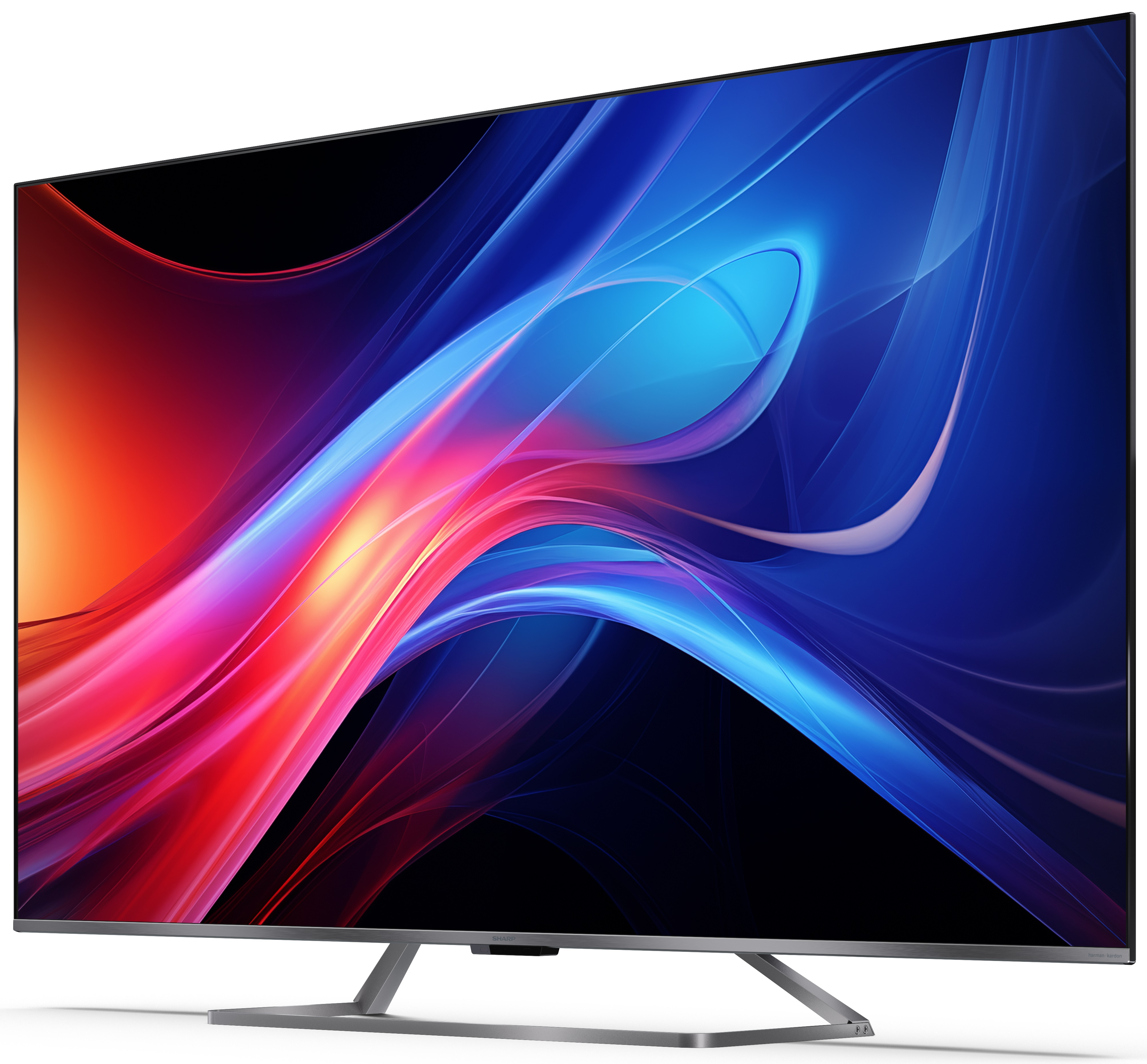 Telewizor z kolorowym, abstrakcyjnym wyświetlaczem, czarną ramką i srebrną podstawą. Tło jest białe.