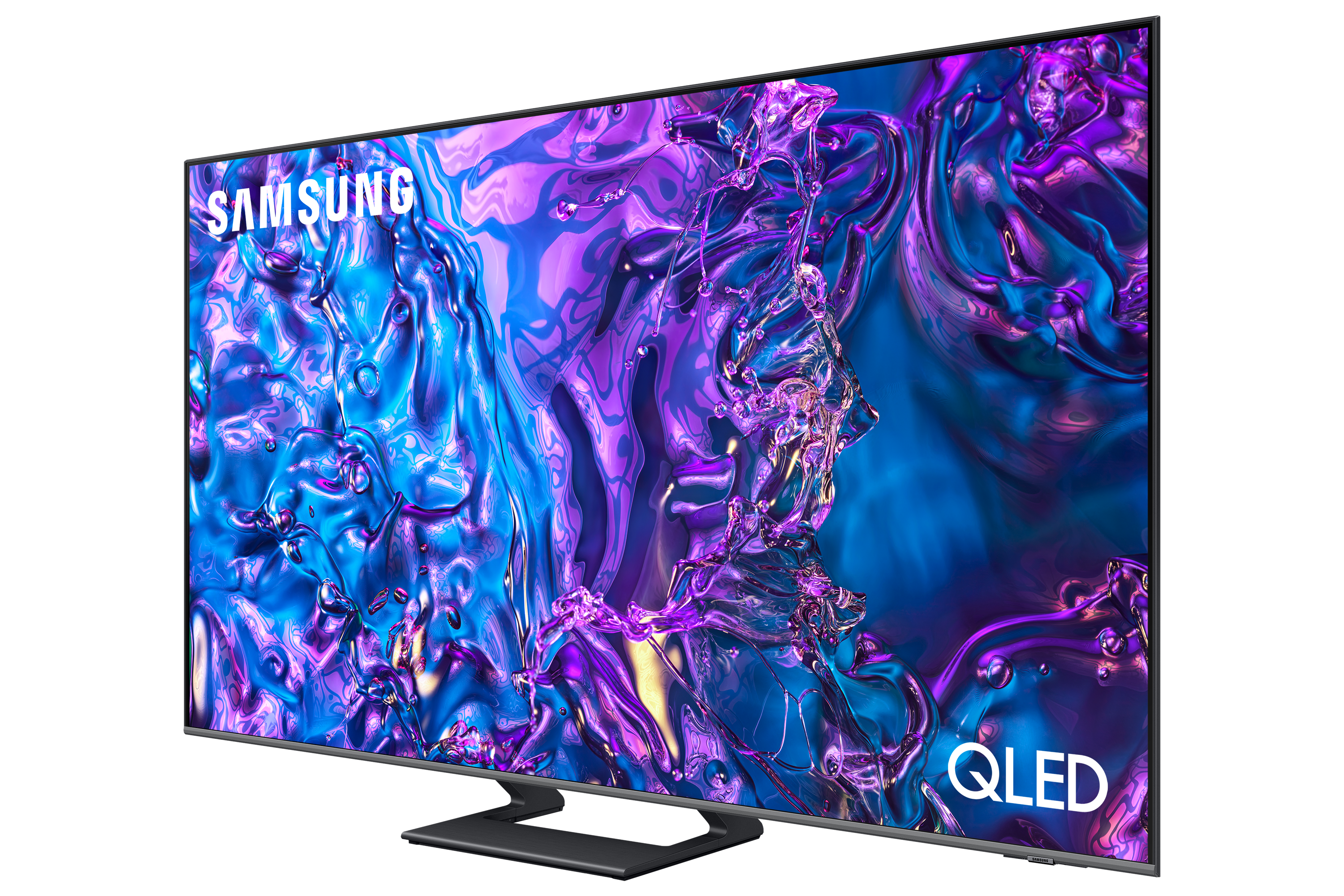 Een tv toont een dynamische abstracte kunstscène in blauw- en paars tinten.