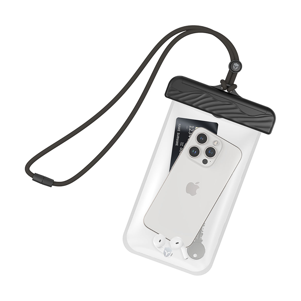 Una custodia trasparente impermeabile per telefono con un telefono, AirPods e una carta all'interno, su sfondo bianco.