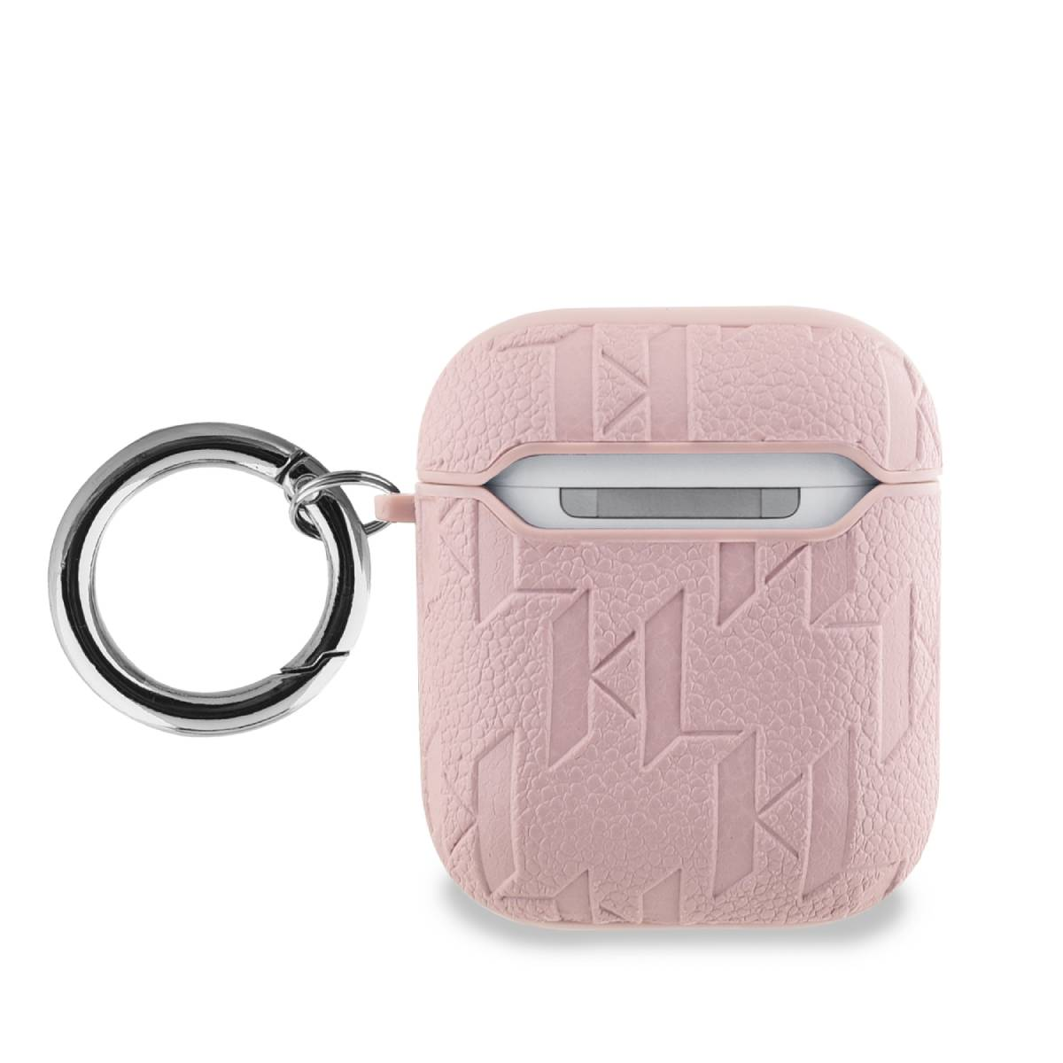 Funda rosa para AirPods con un patrón texturizado y un lazo plateado, contra un fondo blanco.
