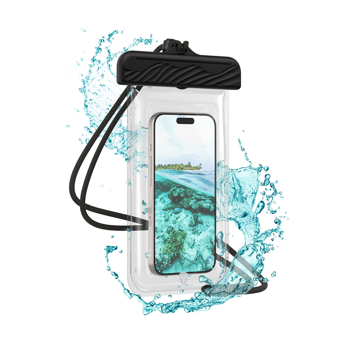 Telefono in una custodia impermeabile trasparente, circondato da schizzi d'acqua.