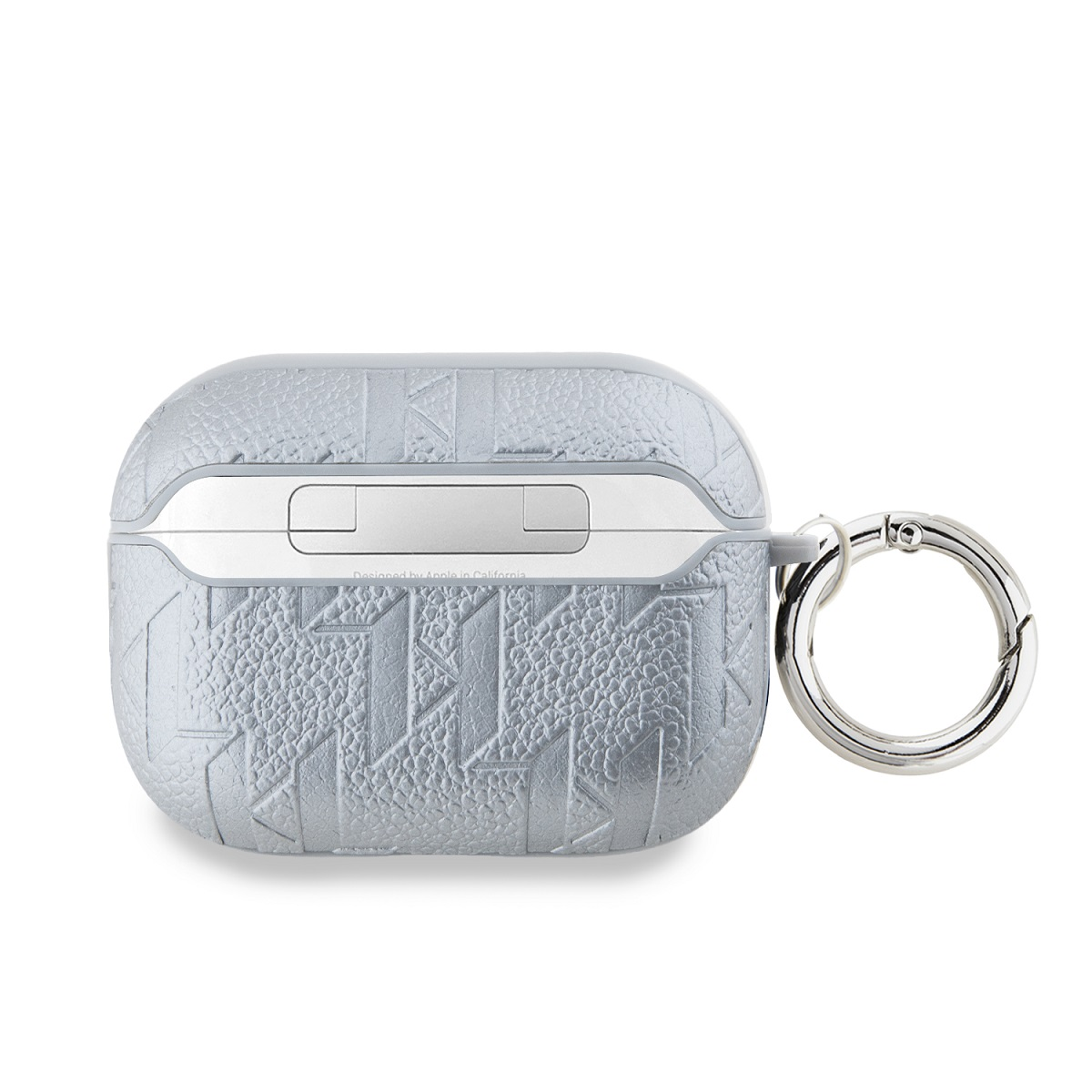 Estuche gris para AirPod Pro con cierre plateado. Superficie texturizada con patrones geométricos.