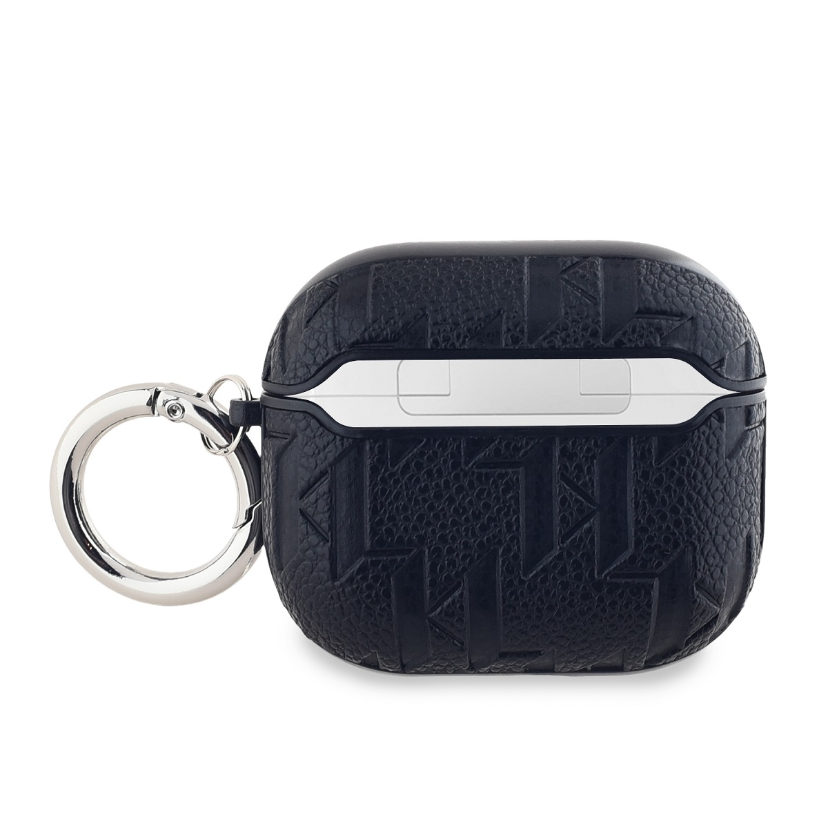 Funda negra para AirPods de Karl Lagerfeld con una franja blanca y llavero.