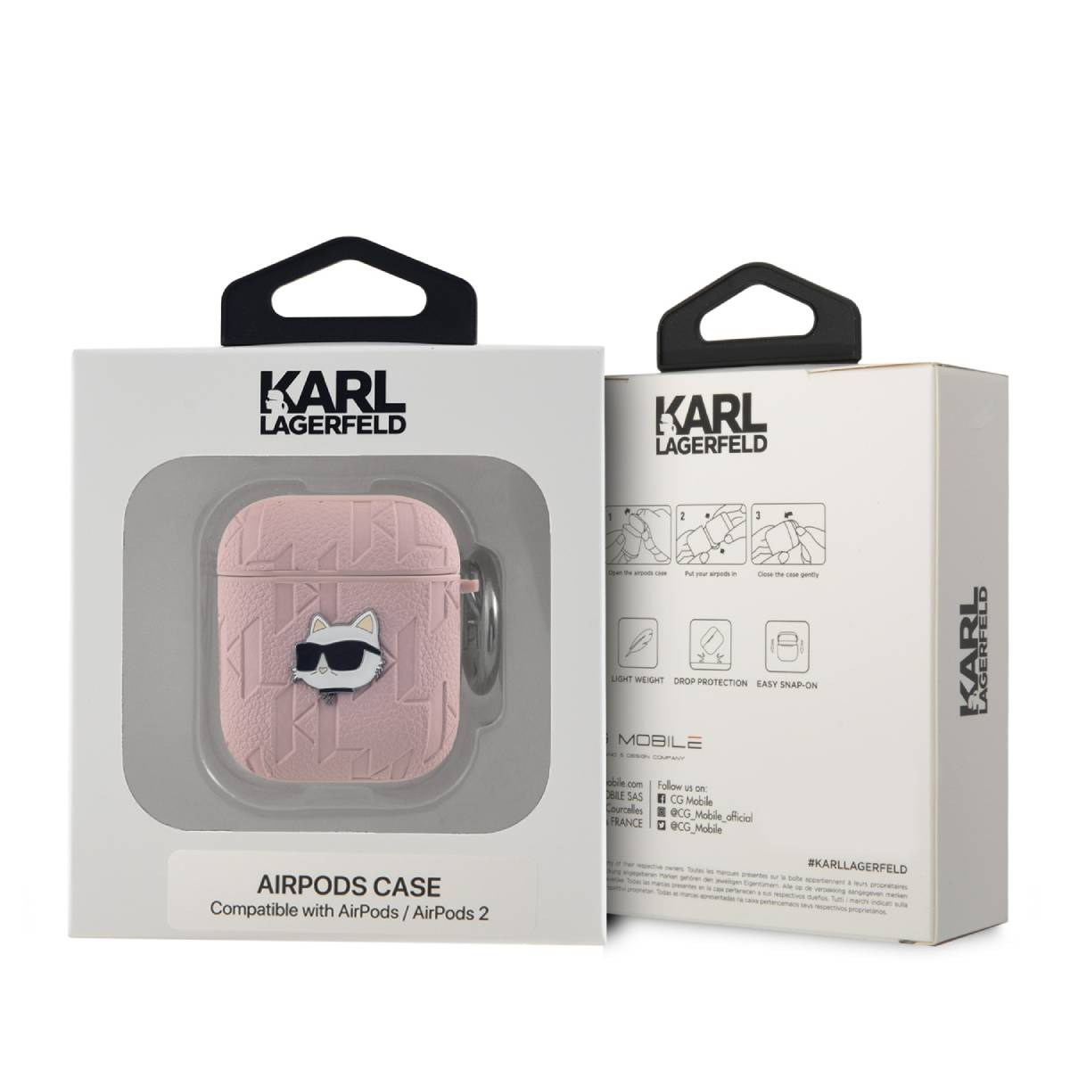 Funda rosa para AirPods con diseño de gato con gafas de sol, en una caja blanca. La caja tiene un logo de Karl Lagerfeld.