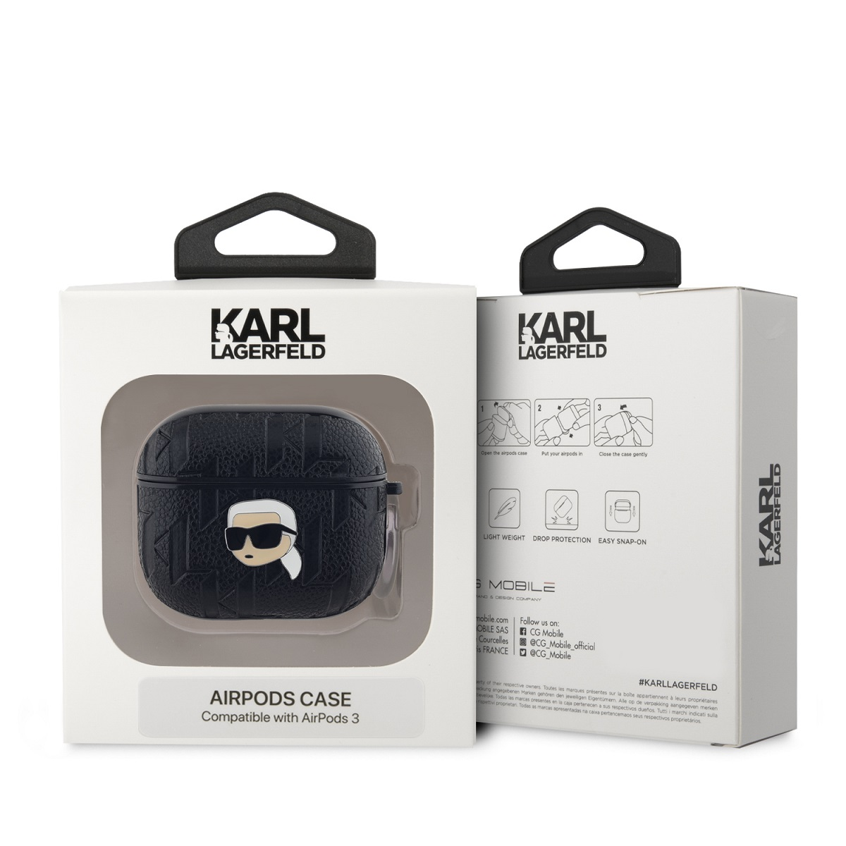 Funda negra Karl Lagerfeld AirPods 3 en caja. Asa negra, fondo blanco.