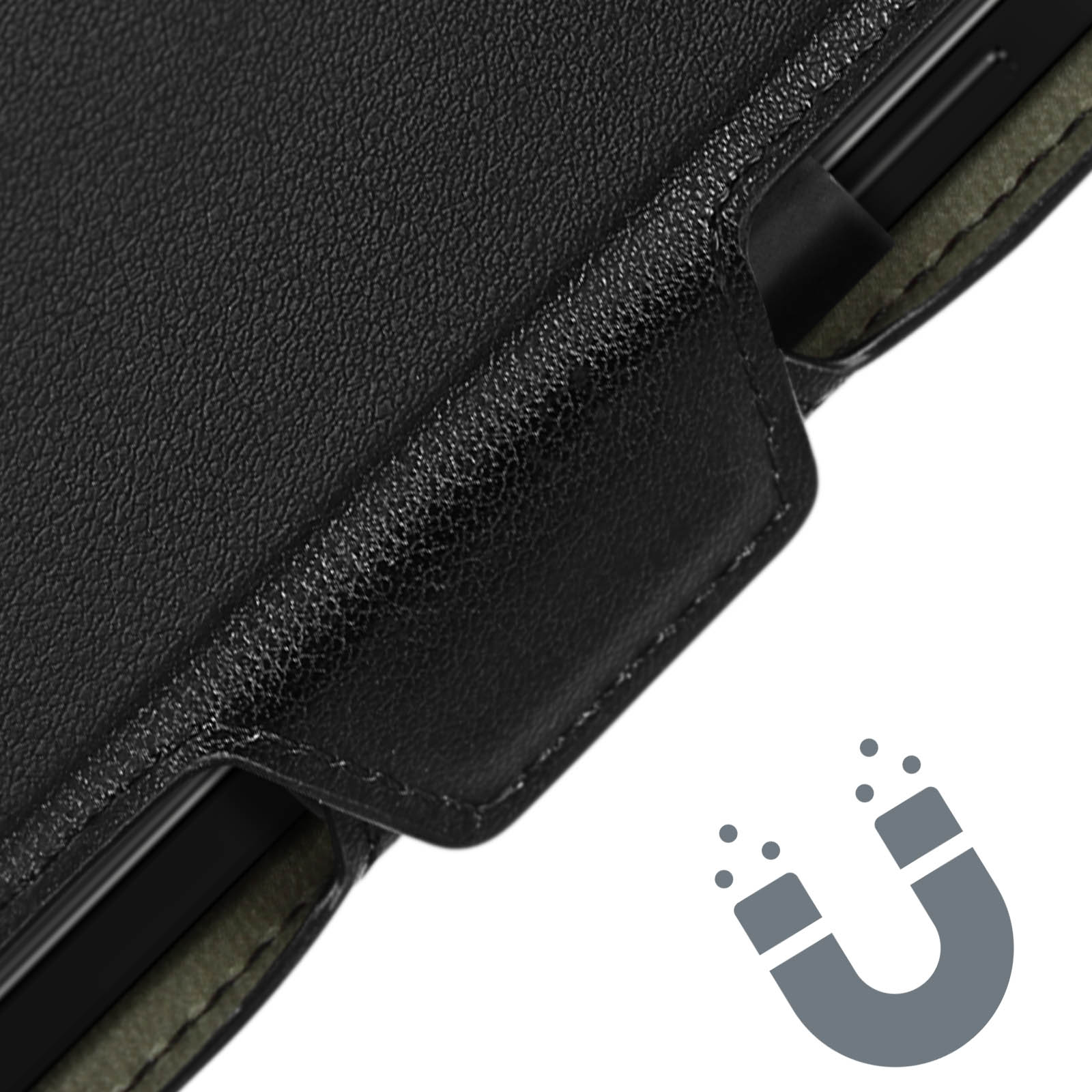 Primo piano di una custodia per telefono nera con chiusura magnetica, con un simbolo magnetico accanto.