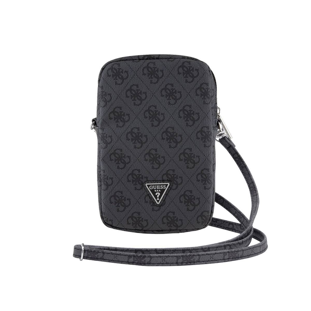 Una custodia per telefono Guess con cinturino, nera con un motivo grigio e il logo Guess su sfondo bianco.
