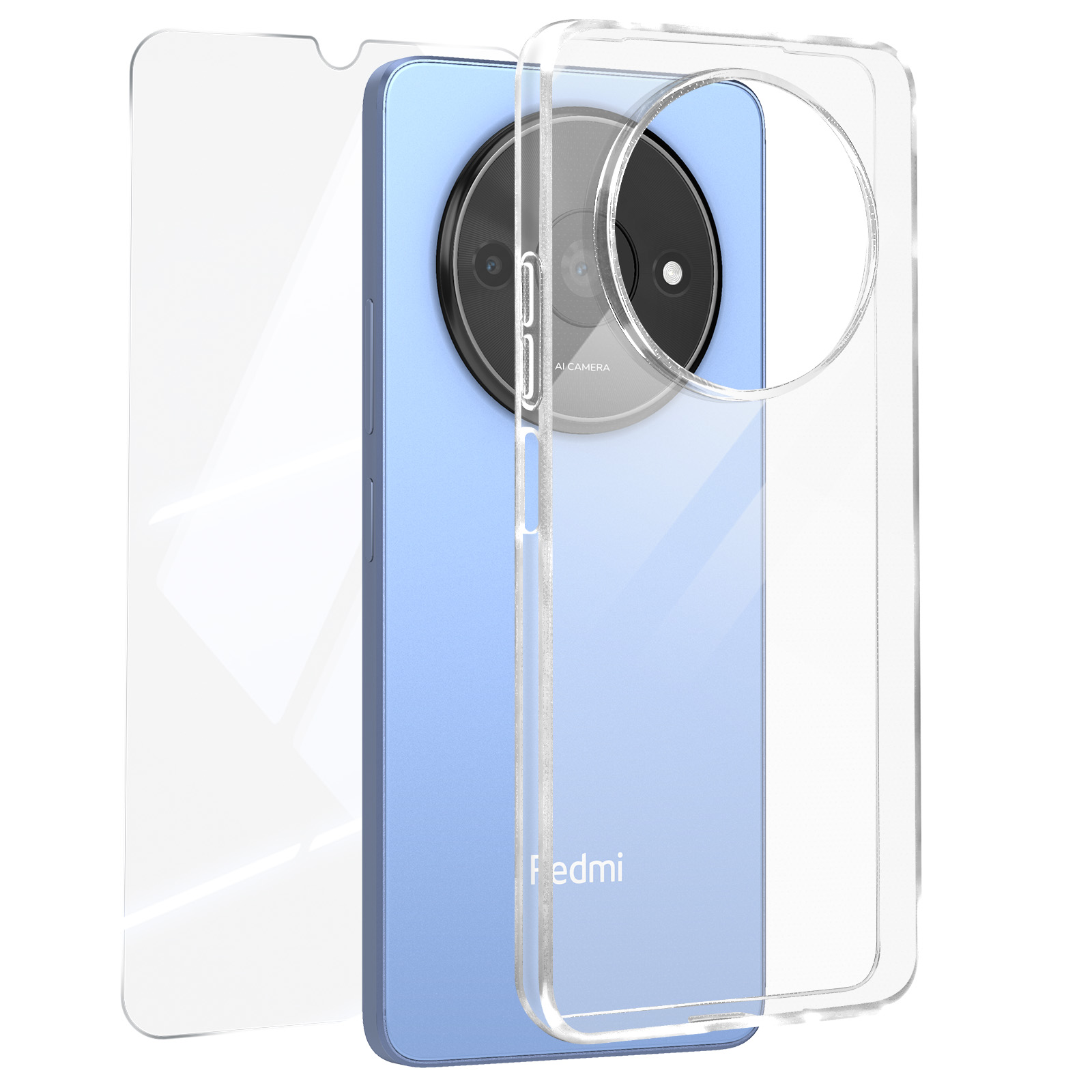 Un telefono con custodia e protezione schermo, che mostra la fotocamera del telefono e un retro blu.