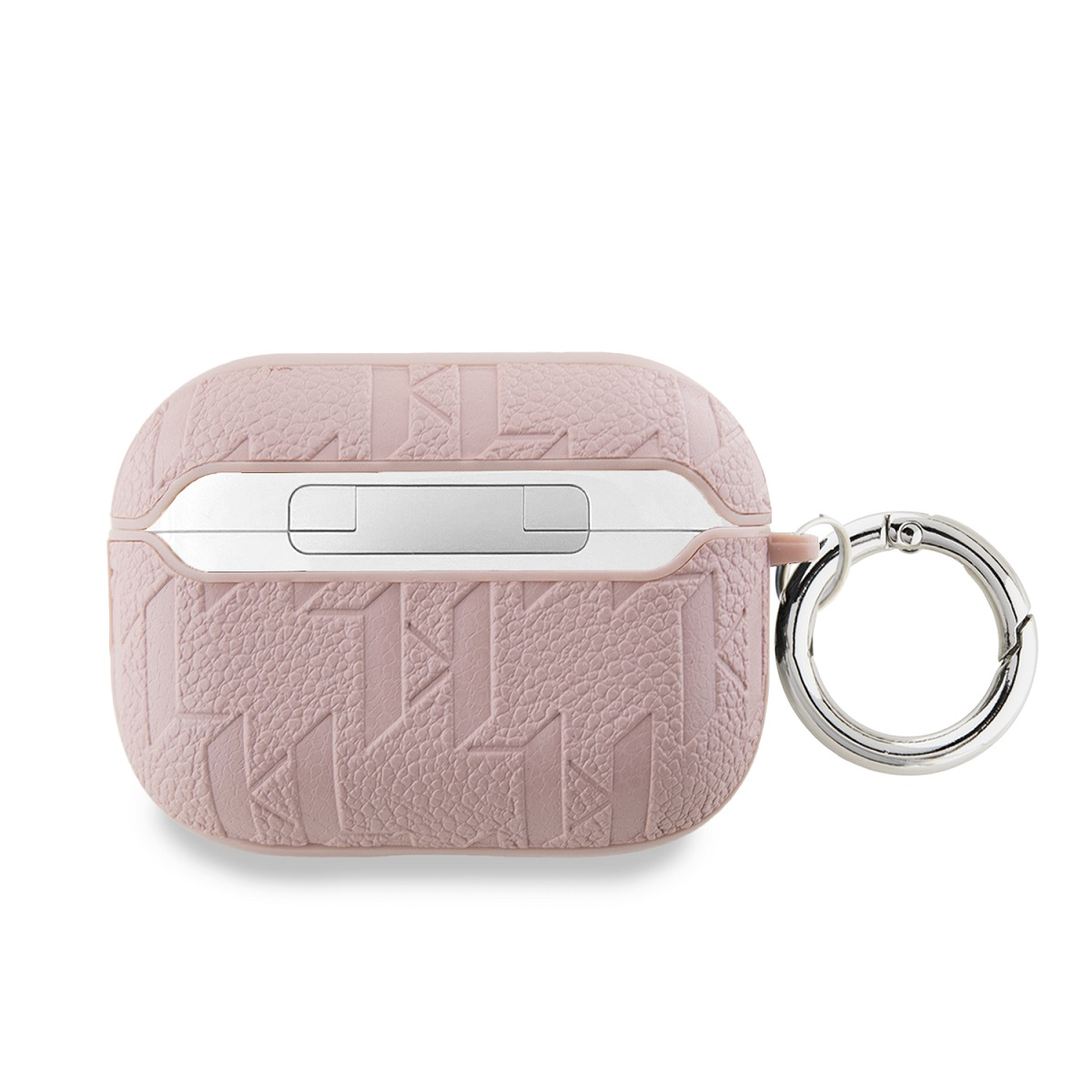 Funda rosa Karl Lagerfeld AirPods con patrón de logo. Anillo plateado, fondo blanco.