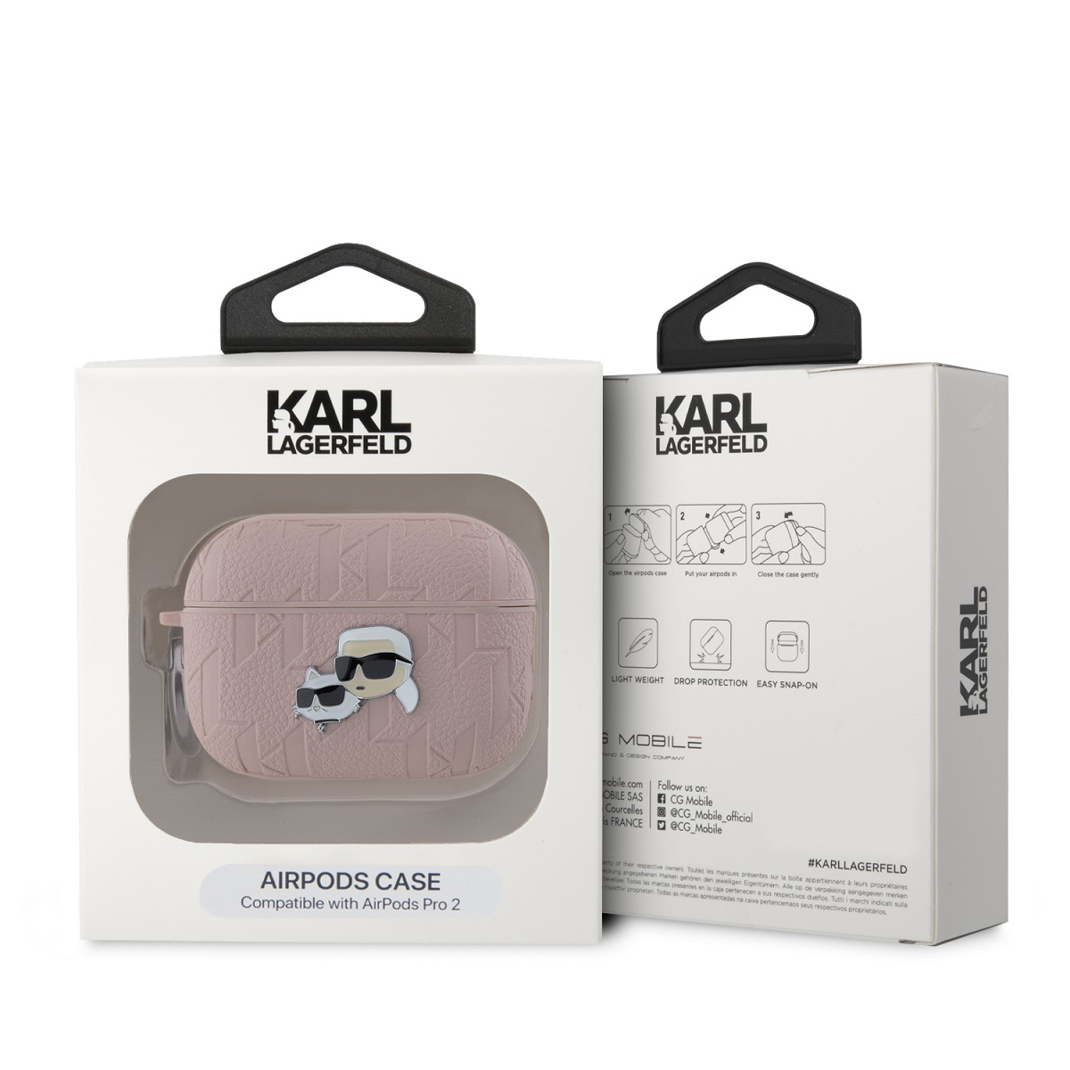 Embalaje de funda AirPods. Funda rosa, logo Karl Lagerfeld, fondo blanco.