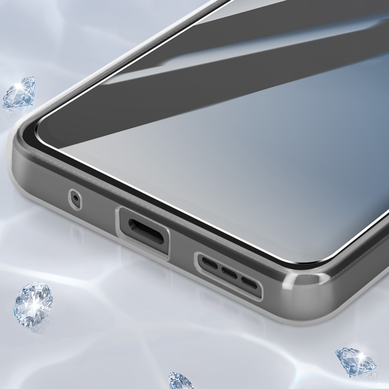Smartphone-Detail. Klare Hülle, Anschlüsse, schwebende Diamanten, klare Reflexe.