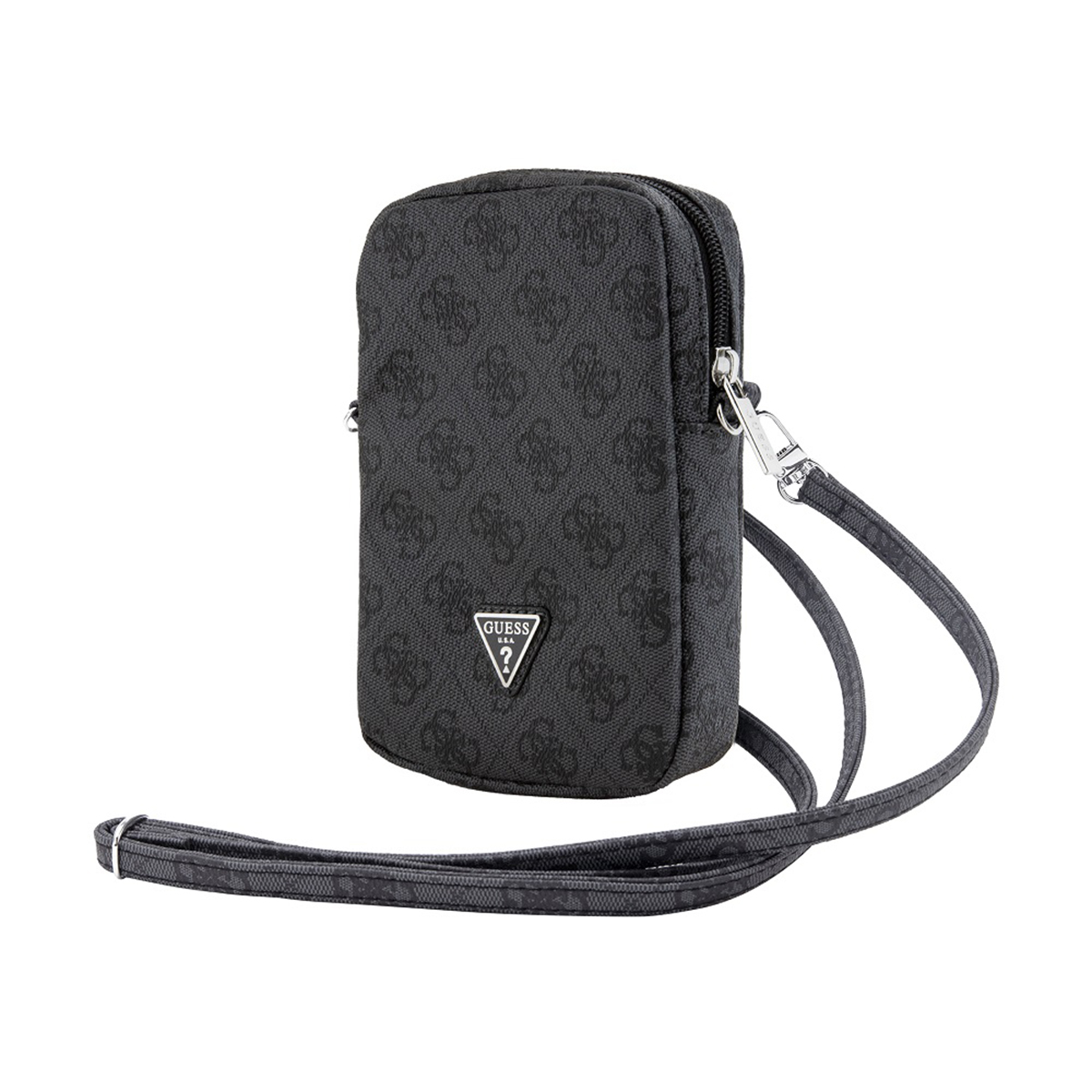 Borsetta Guess nera con tracolla e logo Guess sul davanti.