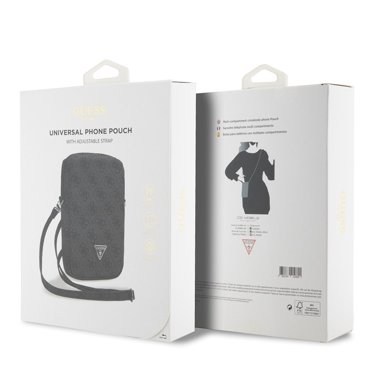 Confezione custodia per telefono. Custodia Guess con cinturino, sfondo bianco.