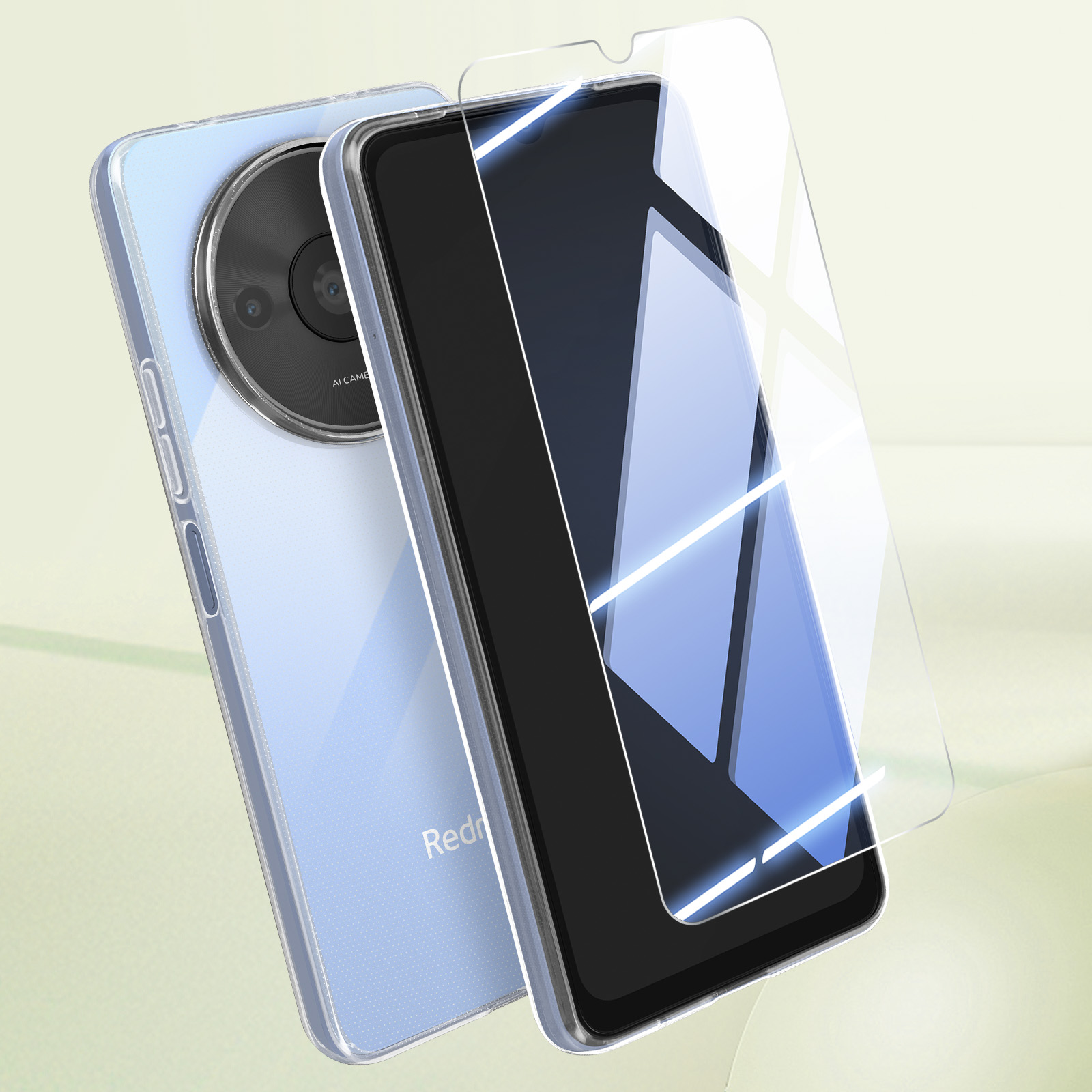 Un telefono e una protezione schermo trasparente sono esposti insieme su sfondo chiaro.
