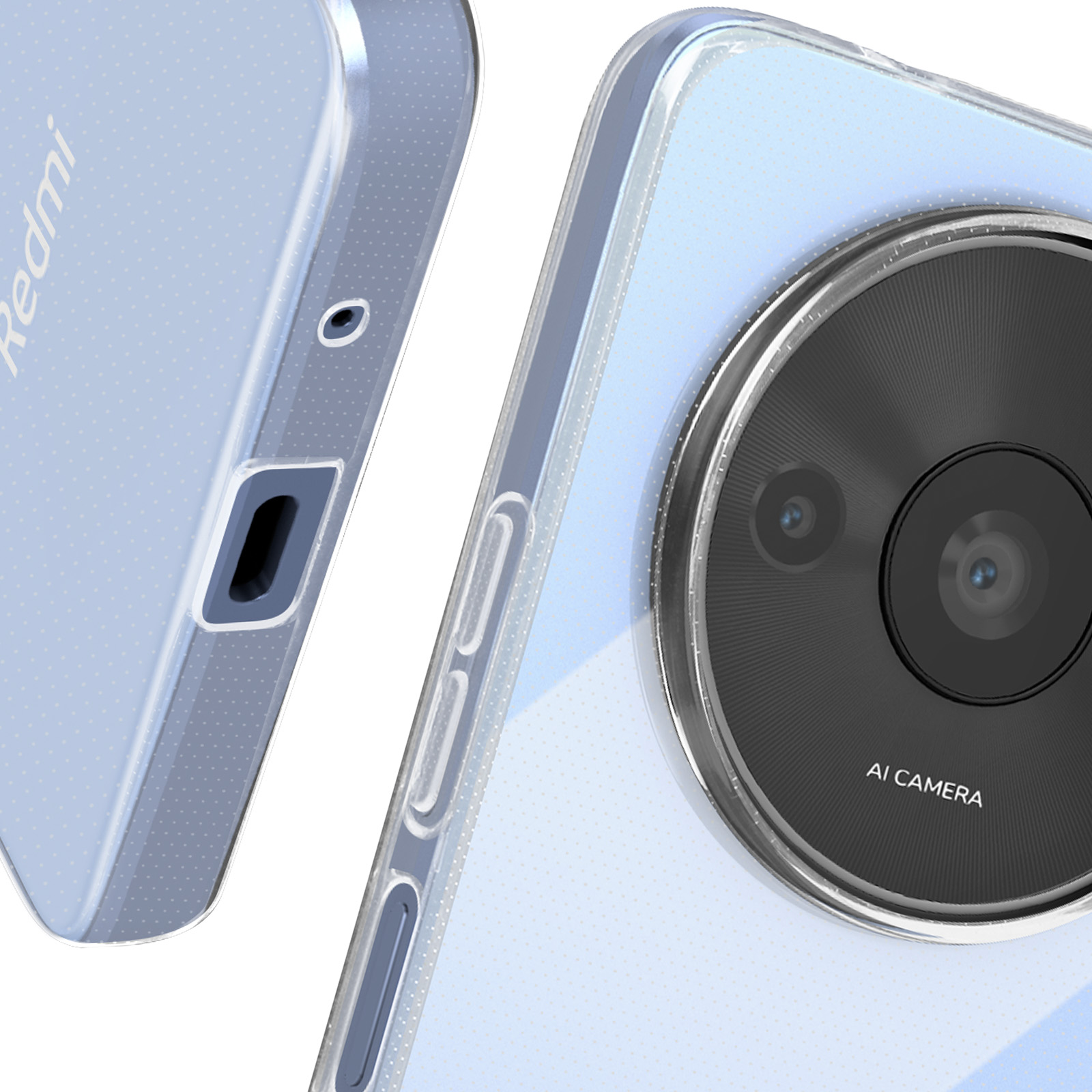 Custodia trasparente con marchio Redmi. Obiettivo fotocamera, pulsanti laterali, azzurro.