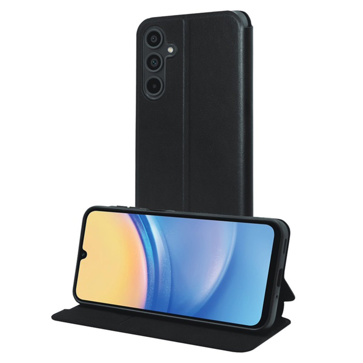 Un teléfono negro en una funda, con una pantalla visible y otra funda detrás.