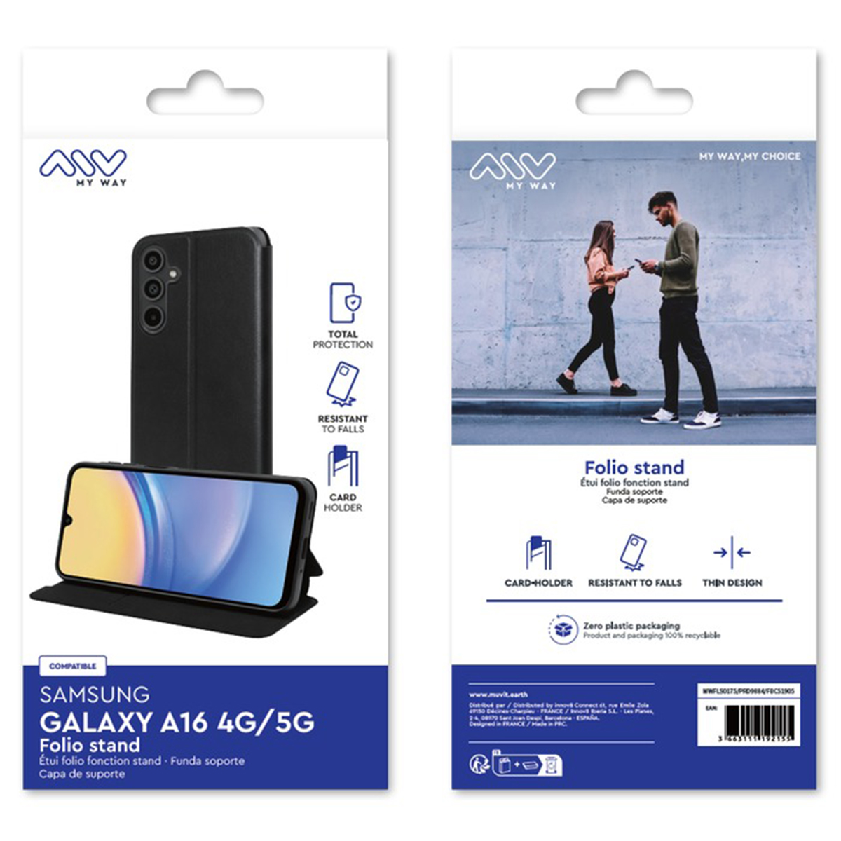Embalaje de funda de teléfono. Teléfono y funda negros con marca 'My Way'. Protección total.
