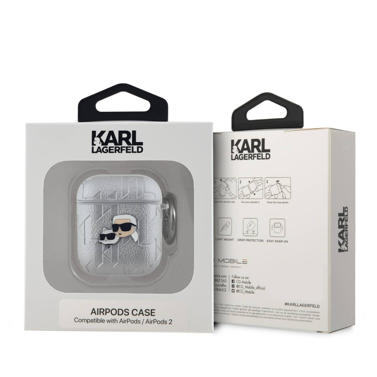 Funda Karl Lagerfeld para AirPods en una caja con diseño y logotipo.
