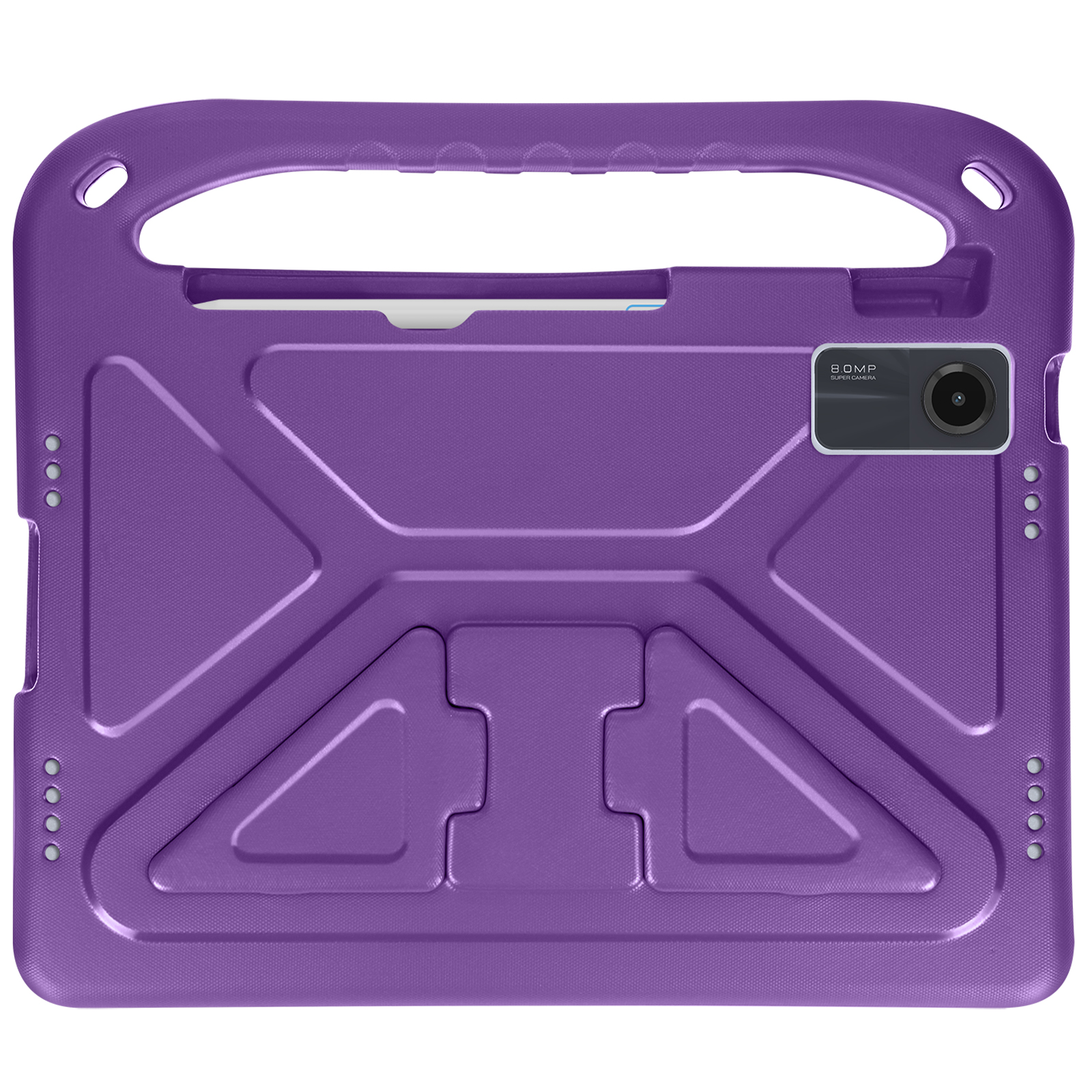 Una custodia viola per tablet con maniglia e fotocamera, su sfondo bianco.