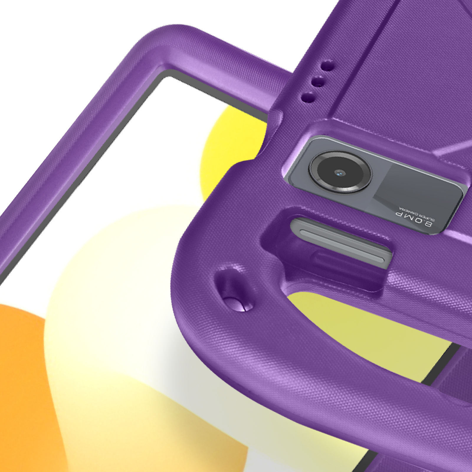 Una custodia viola per tablet mostra una fotocamera su uno sfondo bianco e giallo.