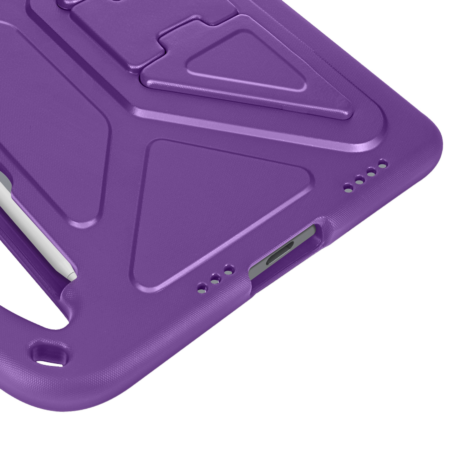 Custodia per tablet viola con supporto. Pennino bianco parzialmente inserito. Angolo con porte visibili.