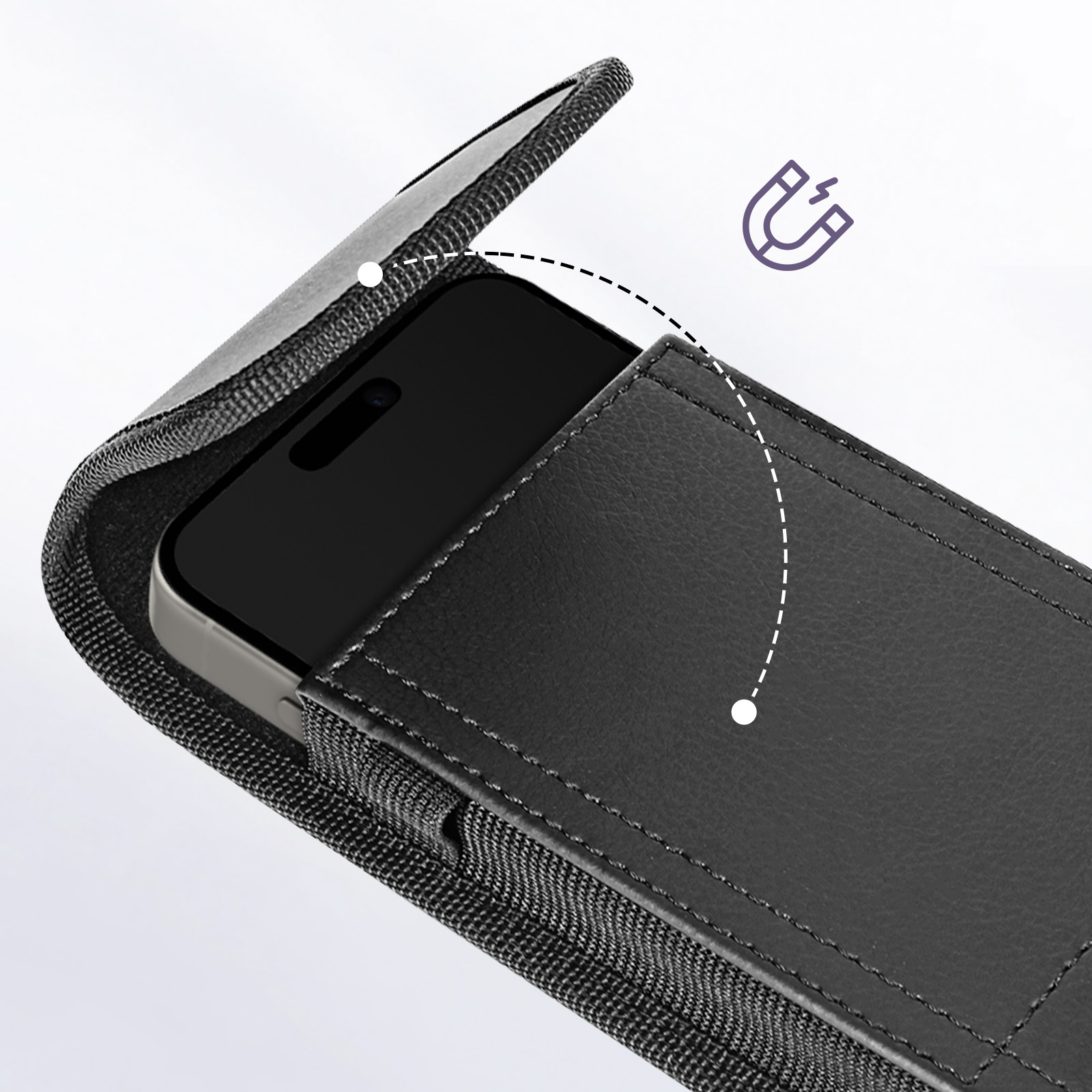 Ein schwarzes Telefon befindet sich in einer schwarzen Hülle, mit einem Magnetsymbol.