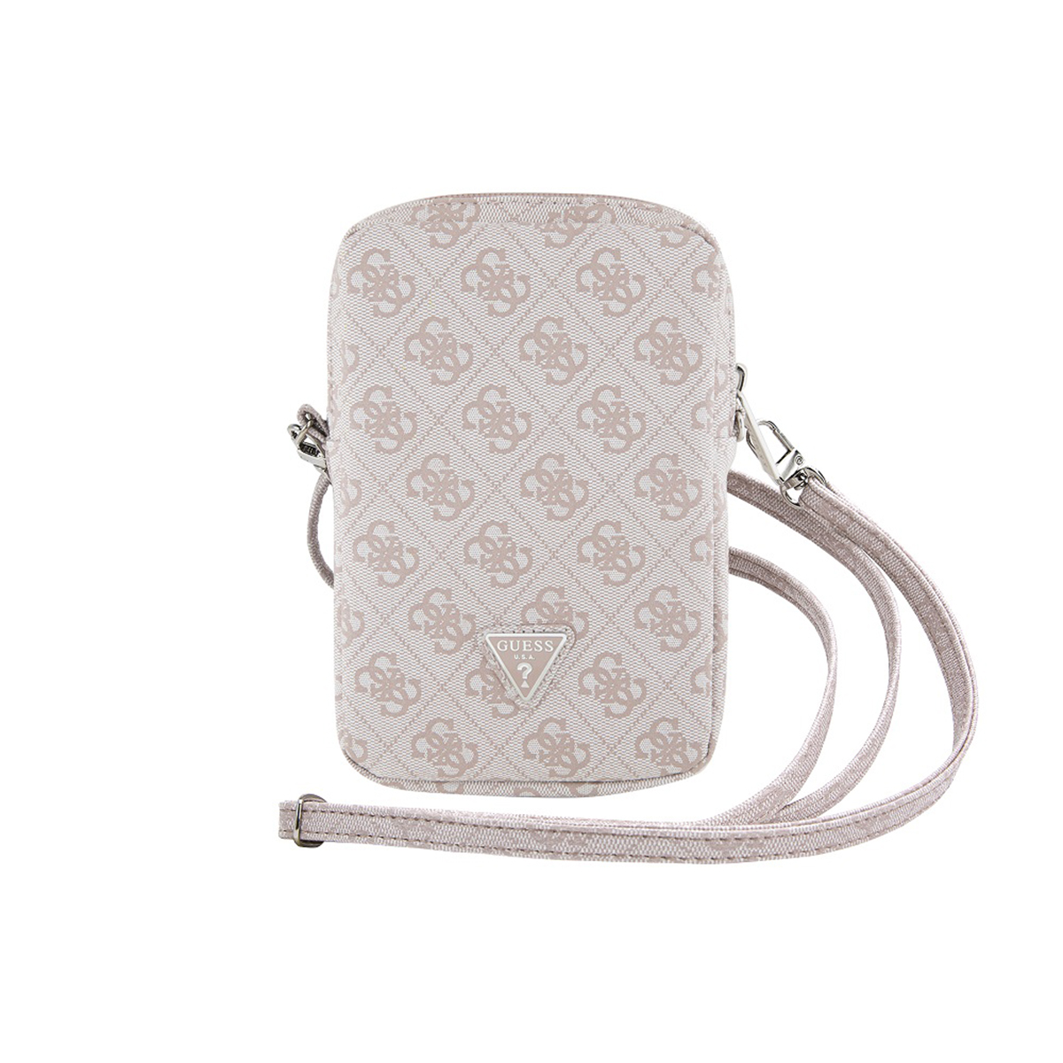 Una borsa per telefono Guess beige con tracolla e logo Guess.