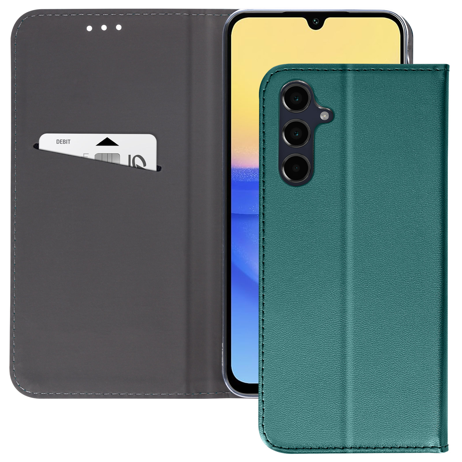 Una custodia per telefono verde acqua con fessura per carte, un telefono con schermo giallo e una carta nera è aperta.