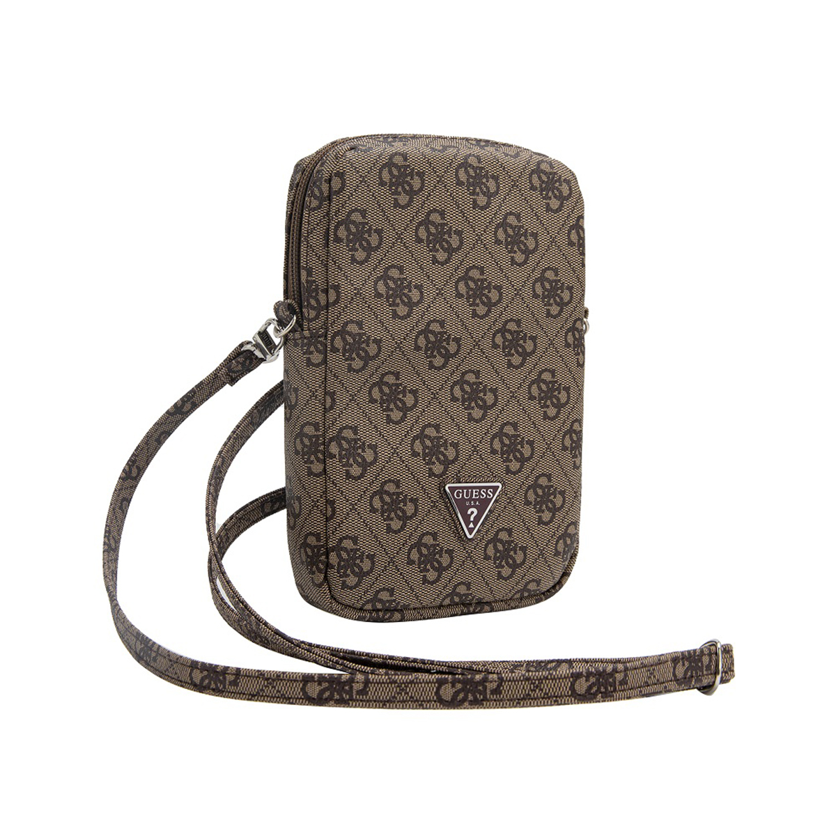 Una borsa a tracolla Guess marrone con cinturino. La borsa ha un motivo a logo ripetuto.