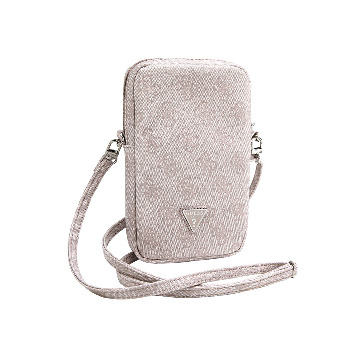 Una borsa a tracolla beige chiaro con motivo Guess e tracolla a catena argentata isolata.