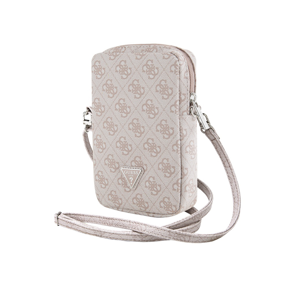 Una borsa a tracolla Guess beige chiaro con motivo Guess e cinturino argentato isolata.