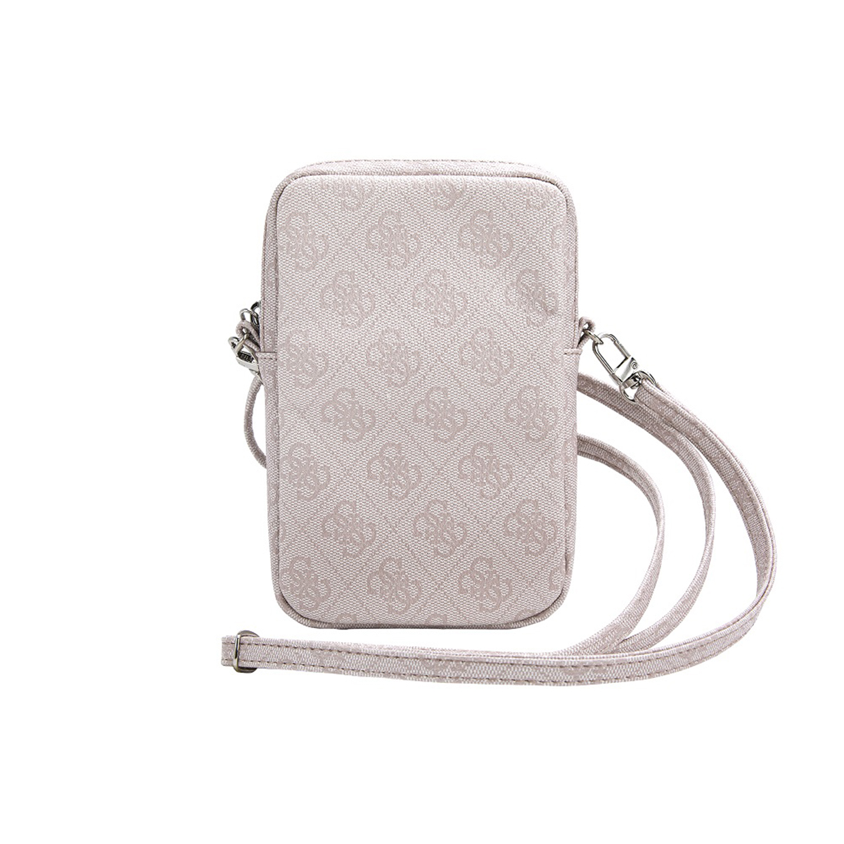 Una borsa a tracolla Guess con motivo ripetuto e cinturino in metallo. La borsa è di colore rosa chiaro.