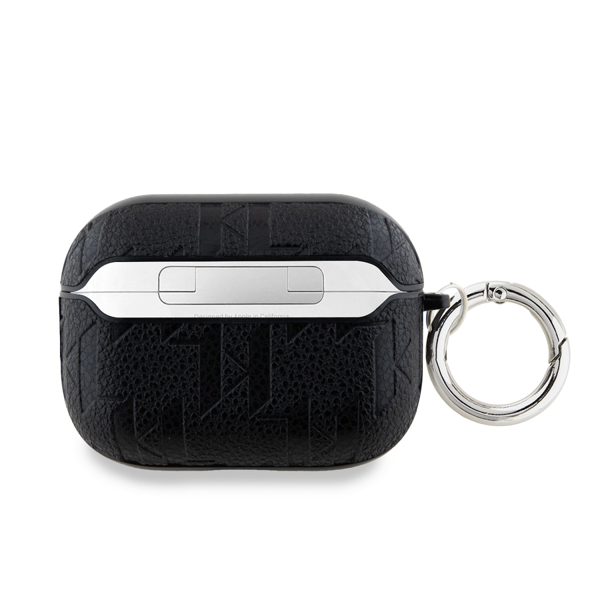 Funda negra para AirPods con un anillo plateado. Fondo blanco.
