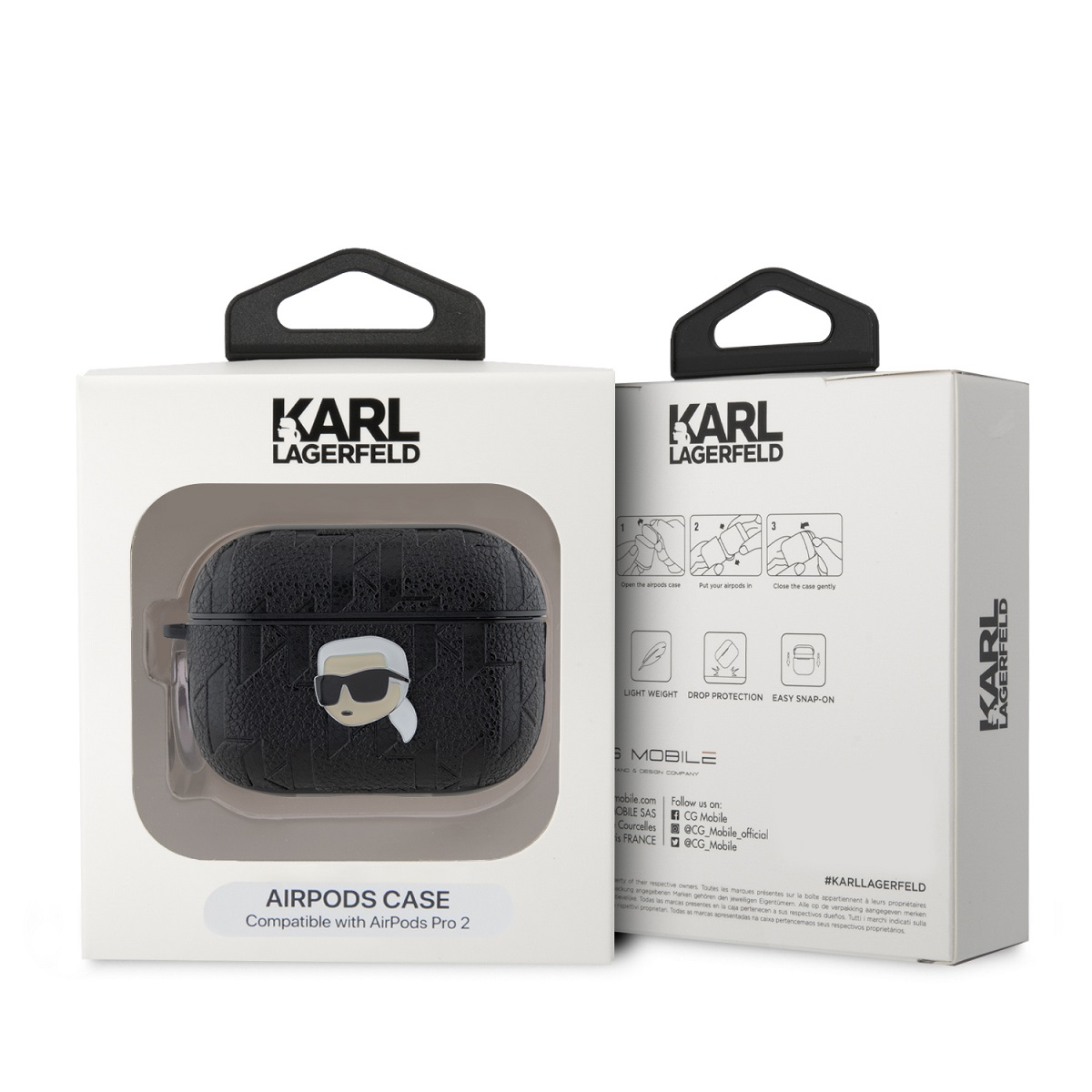 Una funda Karl Lagerfeld AirPods en una caja. La funda es negra con una imagen de dibujos animados blanca.