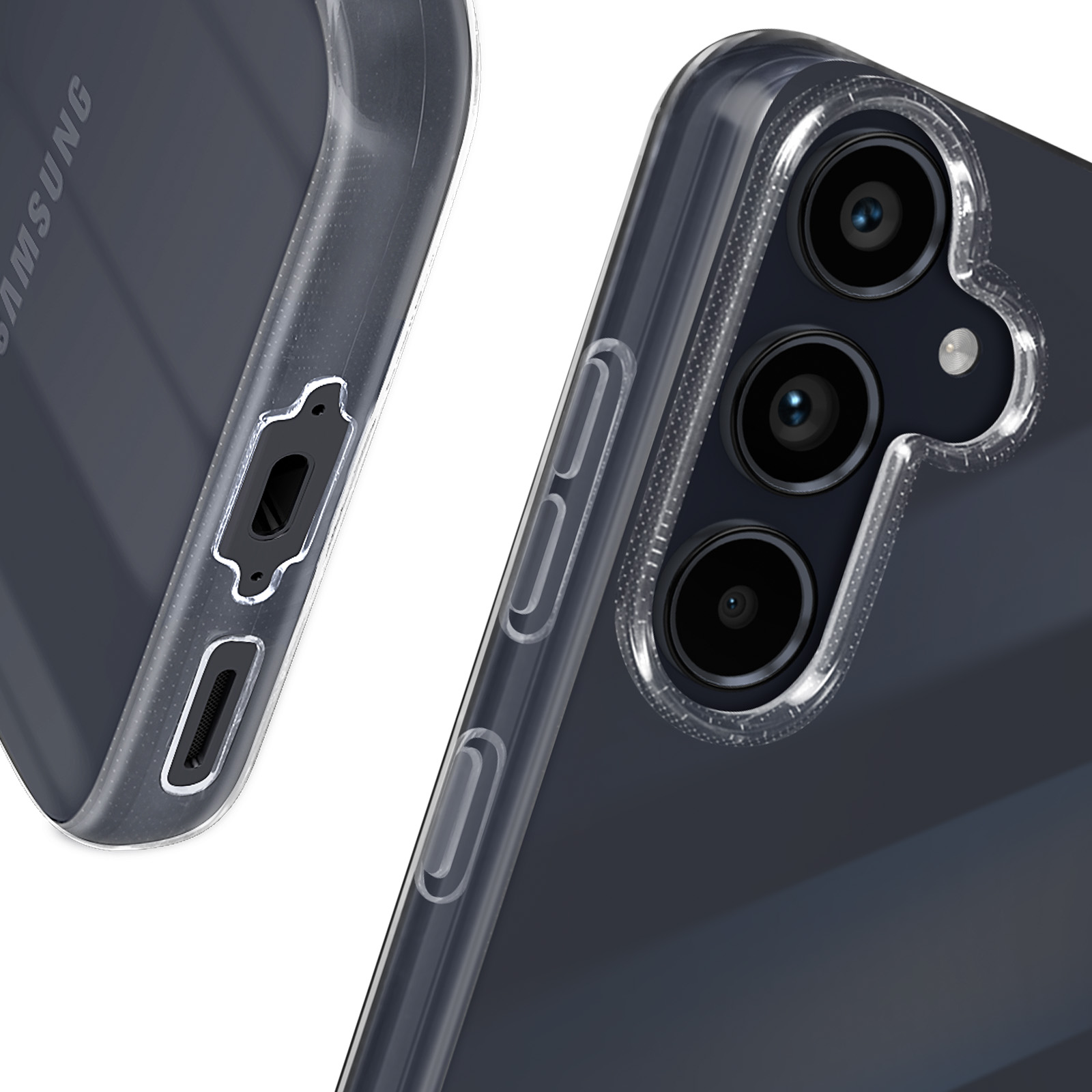 Primo piano di una custodia per telefono, plastica trasparente con un telefono all'interno. Vista laterale con fotocamera e pulsanti visibili.