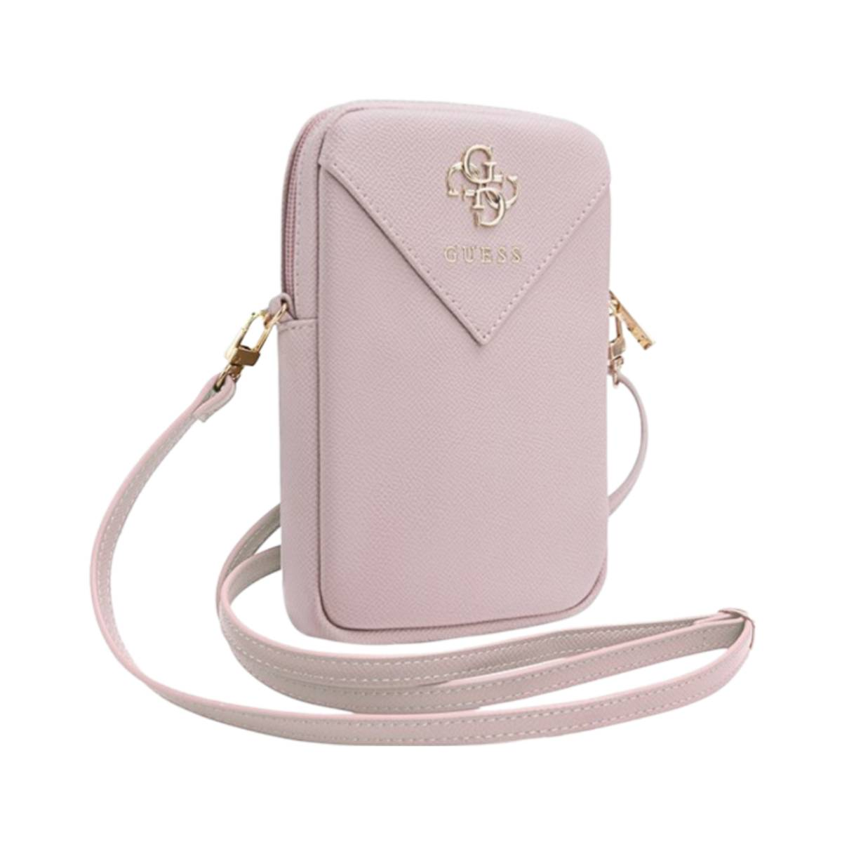 Eine hellrosa Guess-Telefontasche mit Schulterriemen und goldenem Logo. Sie hat eine dreieckige Klappe.
