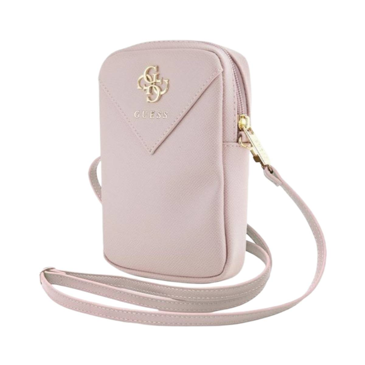 Eine rosa Guess Umhängetasche mit goldenem Logo und goldenem Reißverschluss, die an einem rosa Riemen hängt.