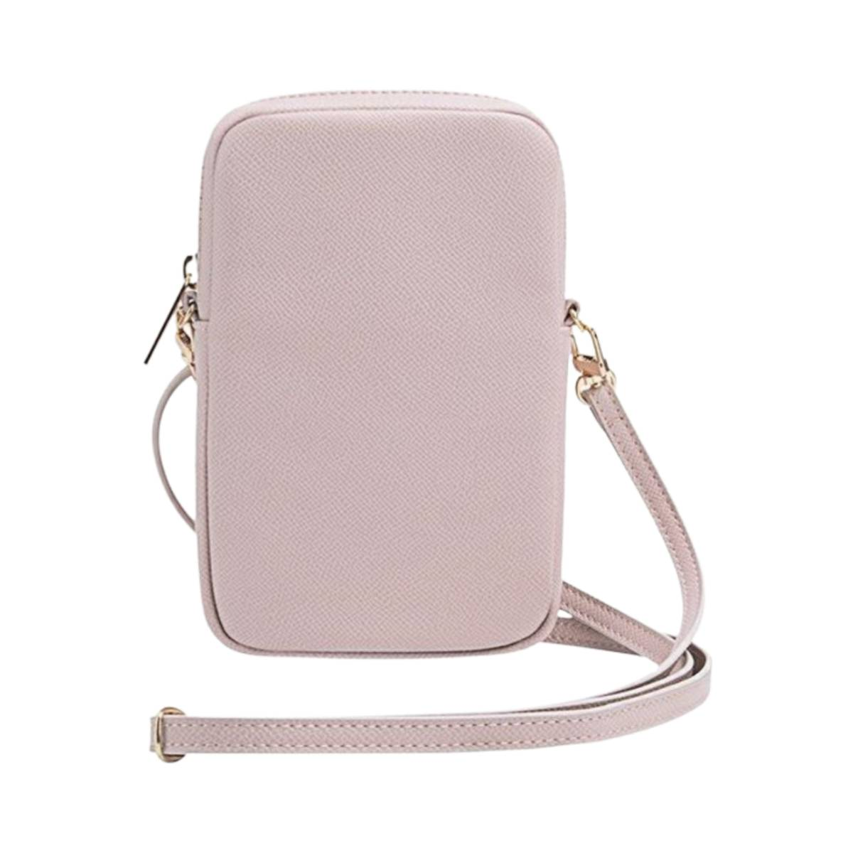 Eine hellrosa Telefontasche mit Schulterriemen. Sie hat eine rechteckige Form und einen Reißverschluss.