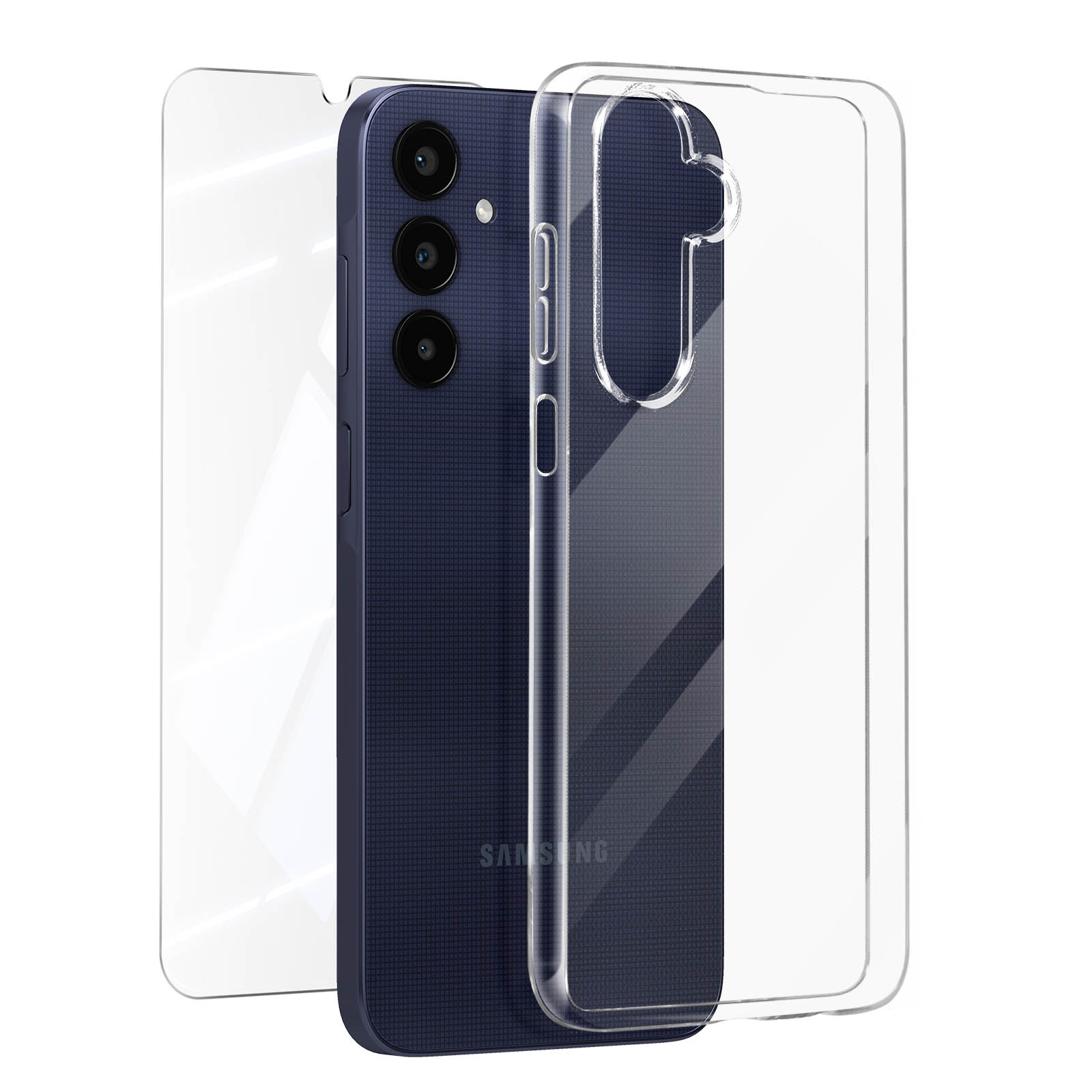 Ein Telefon befindet sich in einer durchsichtigen Hülle neben einer durchsichtigen Displayschutzfolie. Beide liegen auf einer weißen Oberfläche.