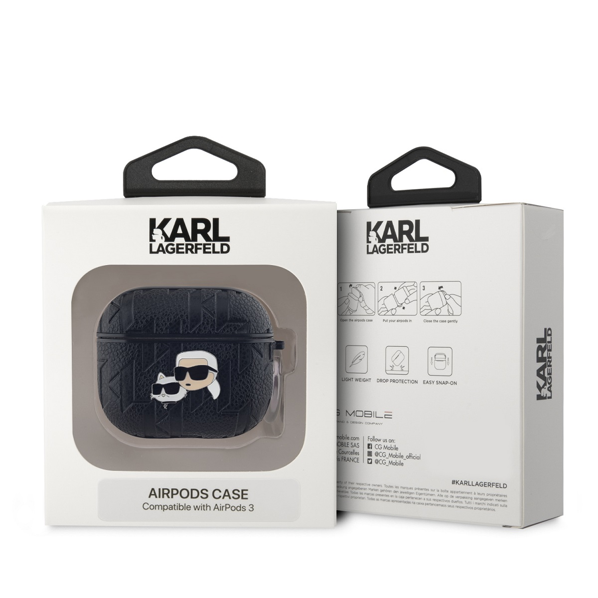 Scatola bianca con custodia AirPods nera. Logo e testo Karl Lagerfeld visibili.